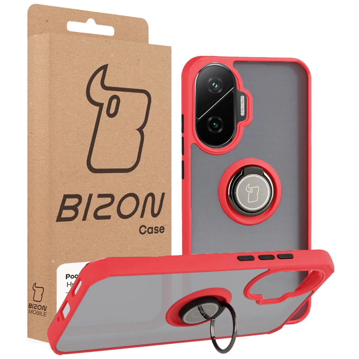 Handyhülle mit Fingergriff für Xiaomi POCO F7, Bizon Case Hybrid Ring, getönt mit rotem Rahmen