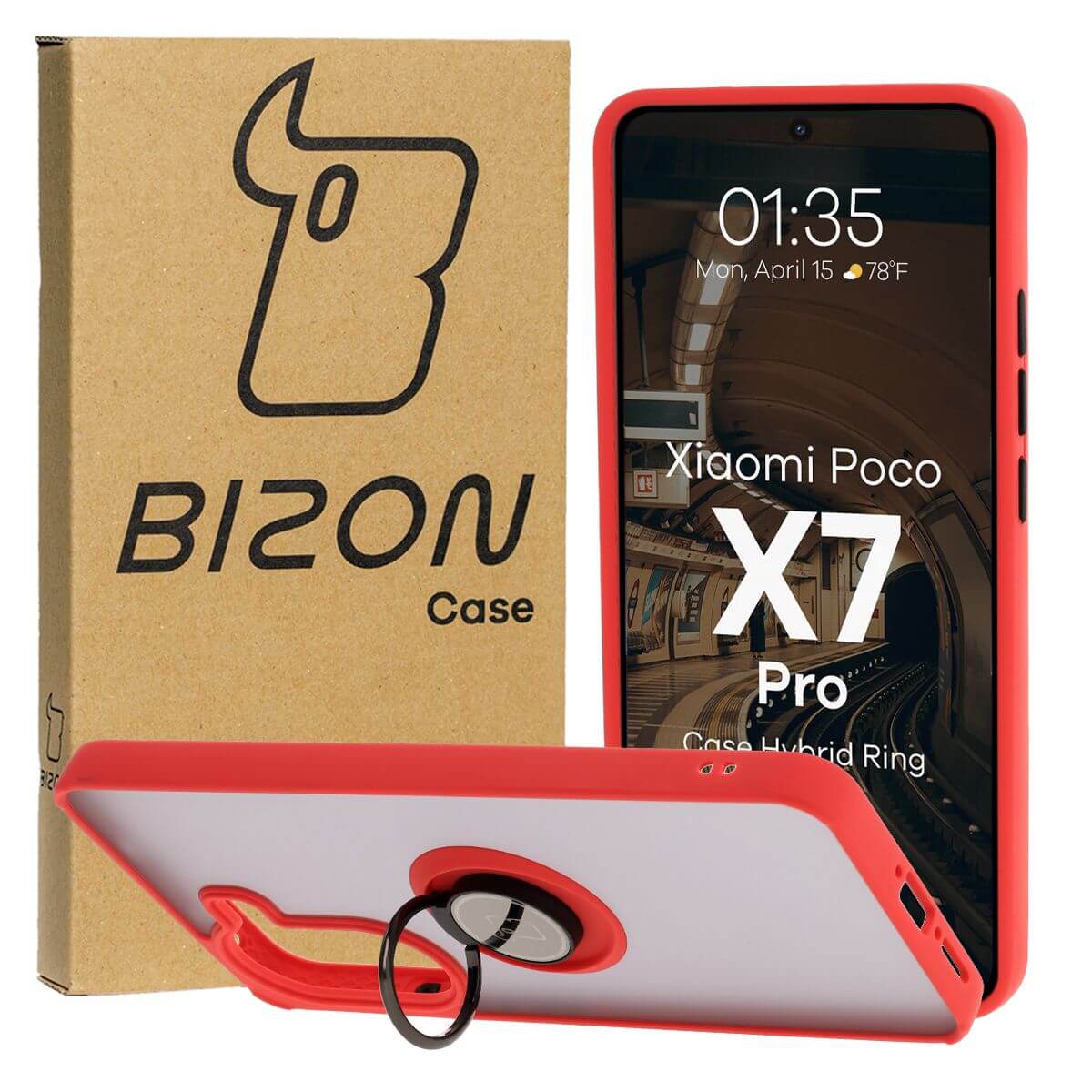 Handyhülle mit Fingergriff für Xiaomi Poco X7 Pro, Bizon Case Hybrid Ring, getönt mit rotem Rahmen