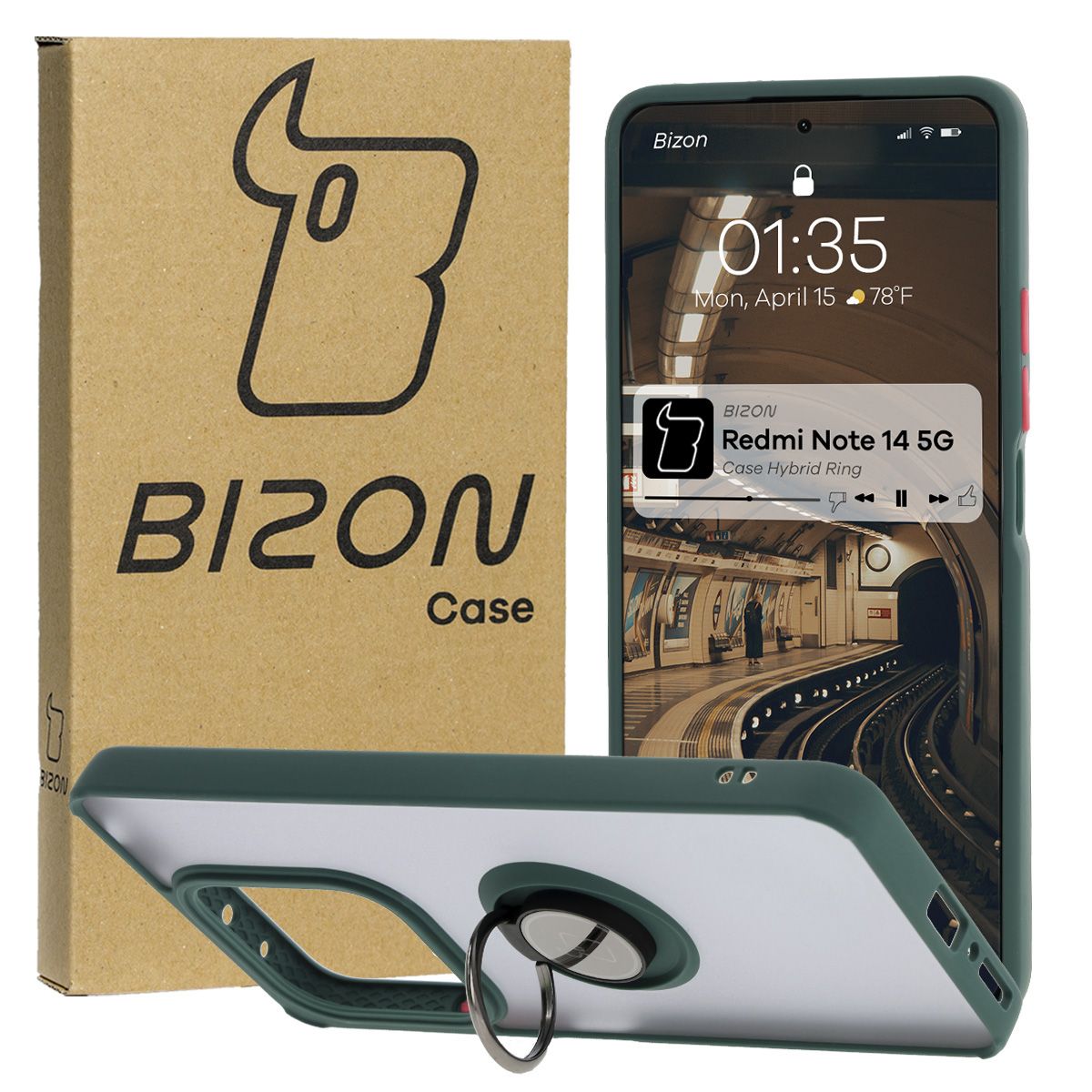 Handyhülle mit Fingergriff für Xiaomi Redmi Note 14 5G, Bizon Case Hybrid Ring, getönt mit dunkelgrünem Rahmen