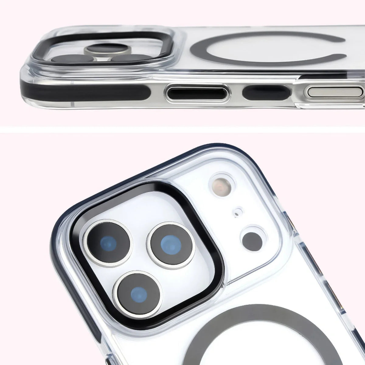 Handyhülle mit Magnetring für iPhone 17 Pro, Bizon Case Marco, Transparent mit schwarzem Rahmen