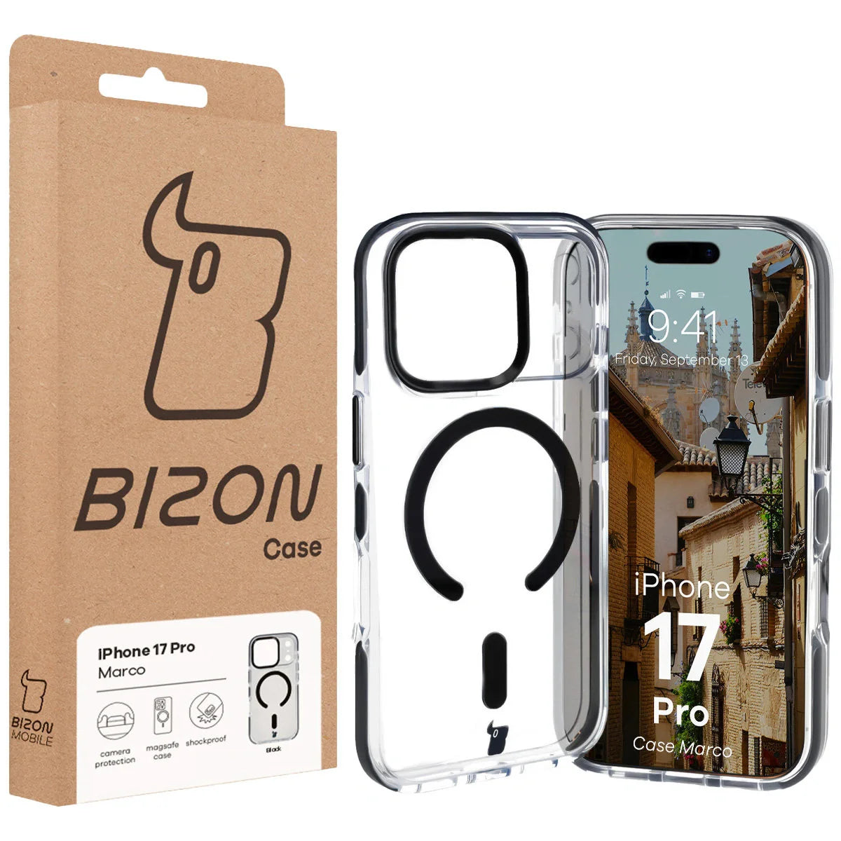 Handyhülle mit Magnetring für iPhone 17 Pro, Bizon Case Marco, Transparent mit schwarzem Rahmen