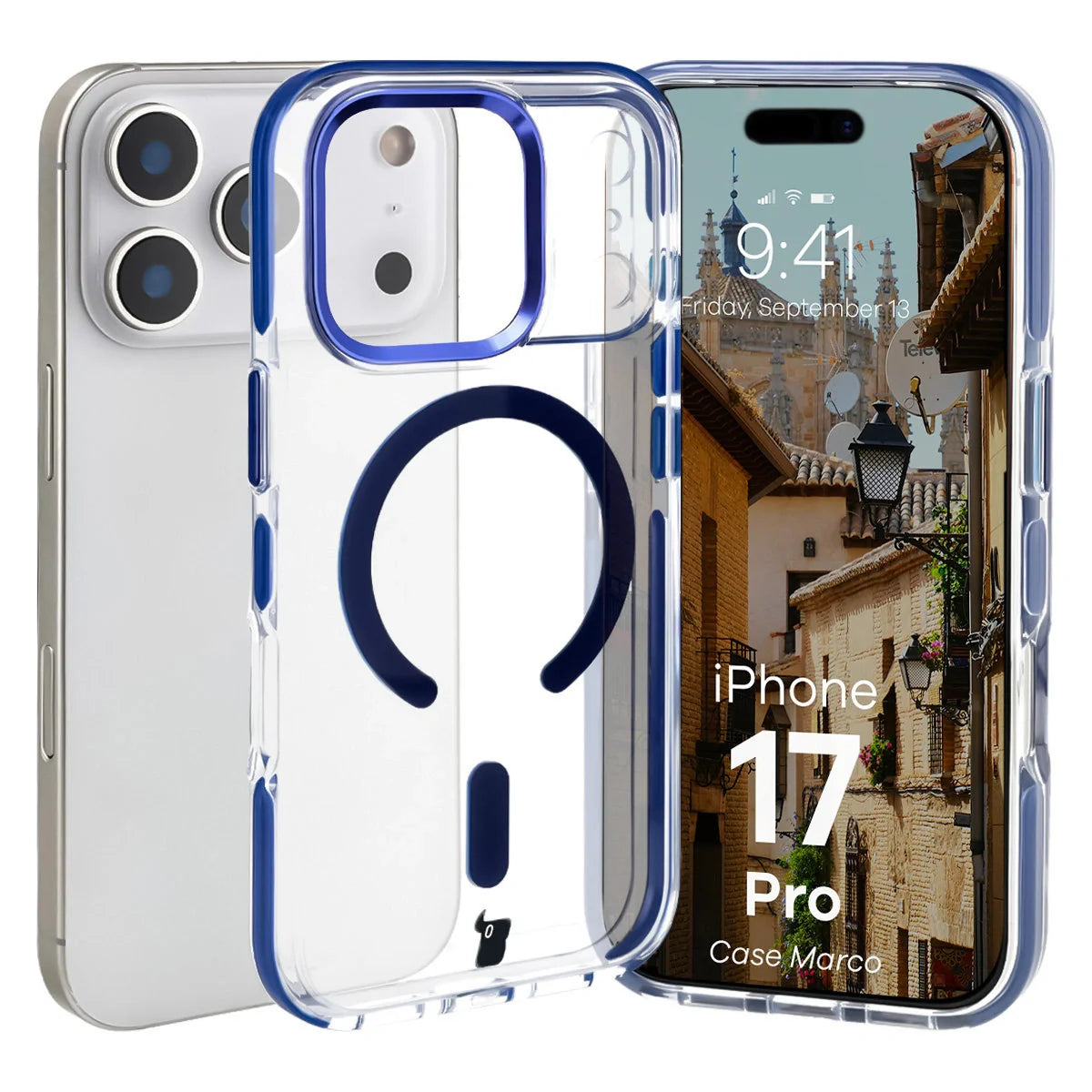 Handyhülle mit Magnetring für iPhone 17 Pro, Bizon Case Marco, Transparent mit blauem Rahmen