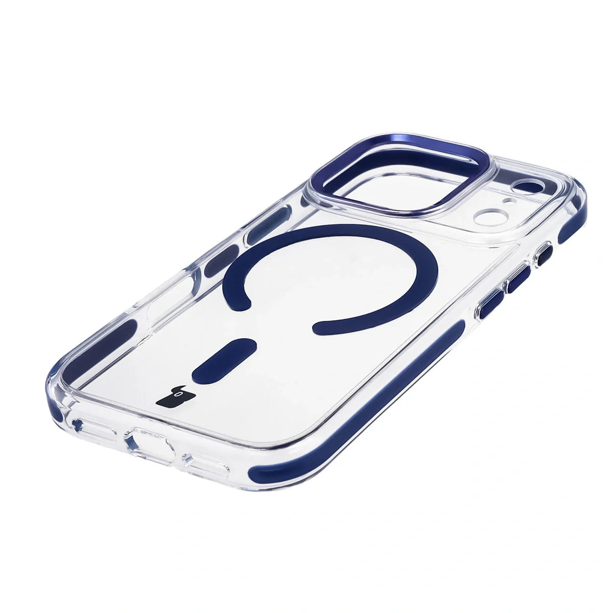 Handyhülle mit Magnetring für iPhone 17 Pro, Bizon Case Marco, Transparent mit blauem Rahmen