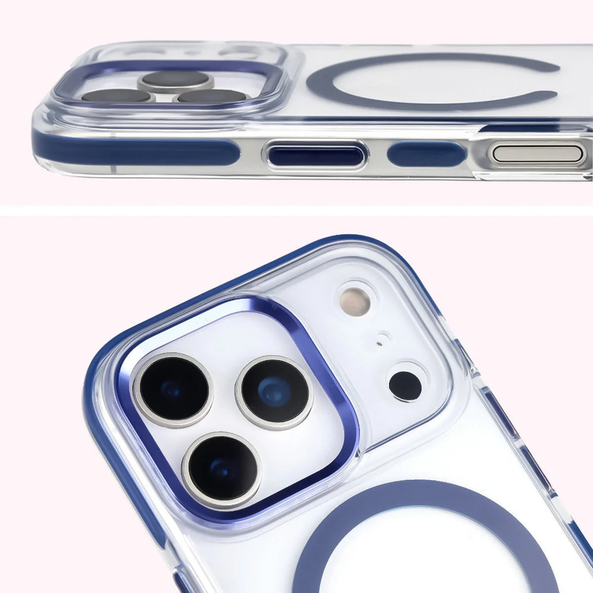 Handyhülle mit Magnetring für iPhone 17 Pro, Bizon Case Marco, Transparent mit blauem Rahmen