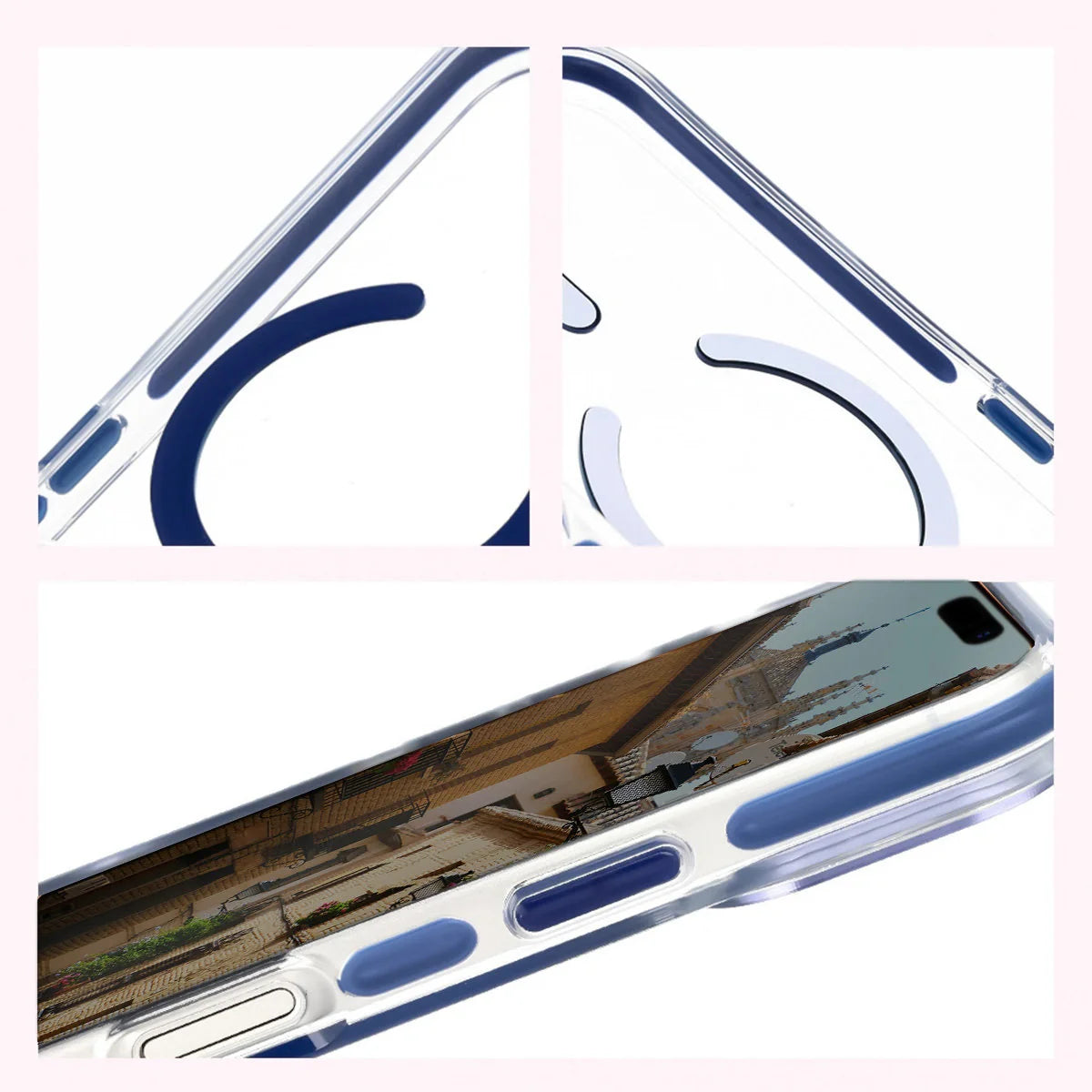 Handyhülle mit Magnetring für iPhone 17 Pro, Bizon Case Marco, Transparent mit blauem Rahmen