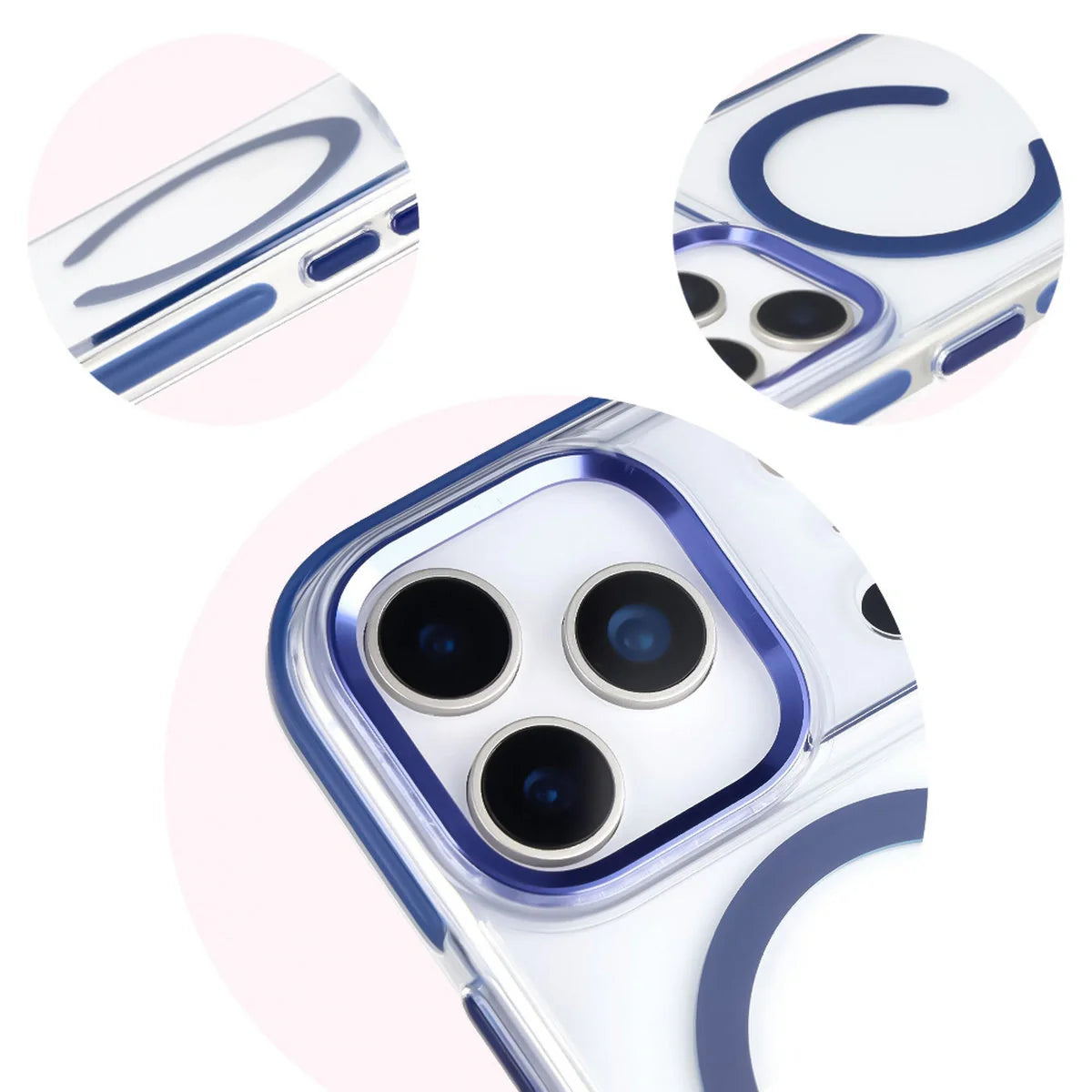 Handyhülle mit Magnetring für iPhone 17 Pro, Bizon Case Marco, Transparent mit blauem Rahmen
