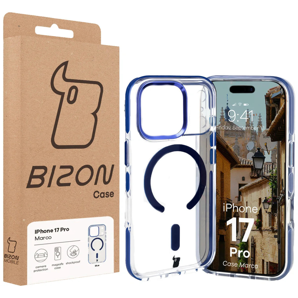 Handyhülle mit Magnetring für iPhone 17 Pro, Bizon Case Marco, Transparent mit blauem Rahmen