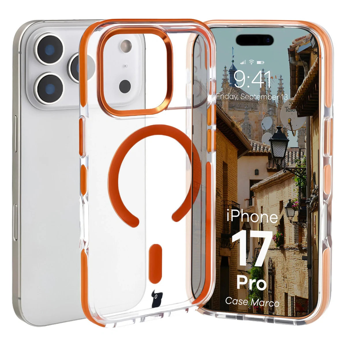 Handyhülle mit Magnetring für iPhone 17 Pro, Bizon Case Marco, Transparent mit orangem Rahmen