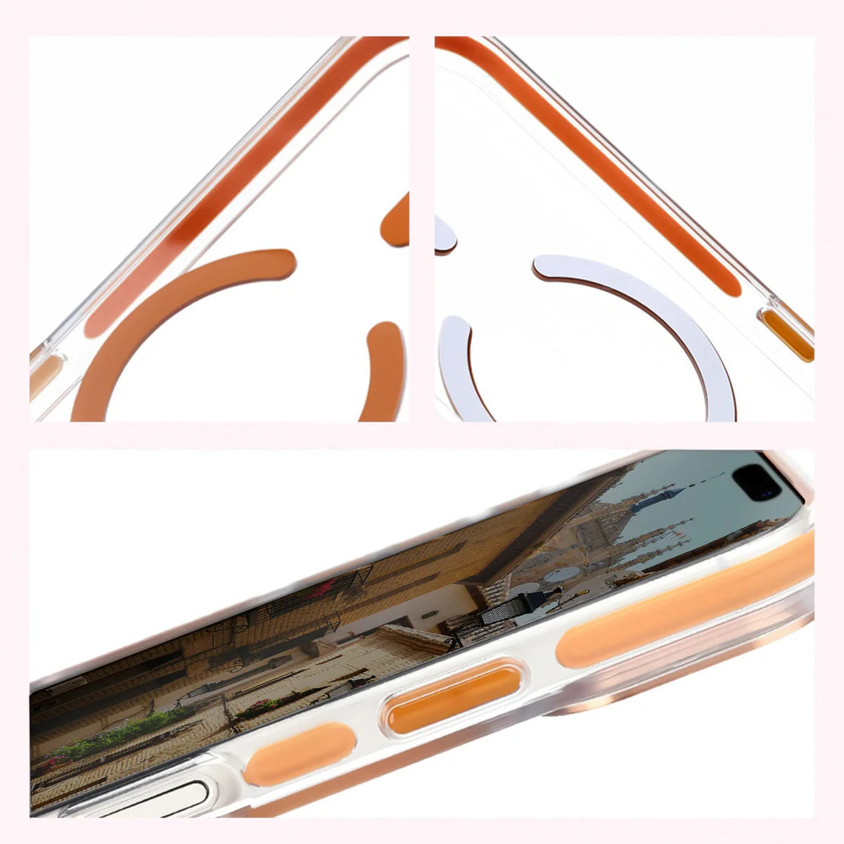 Handyhülle mit Magnetring für iPhone 17 Pro, Bizon Case Marco, Transparent mit orangem Rahmen