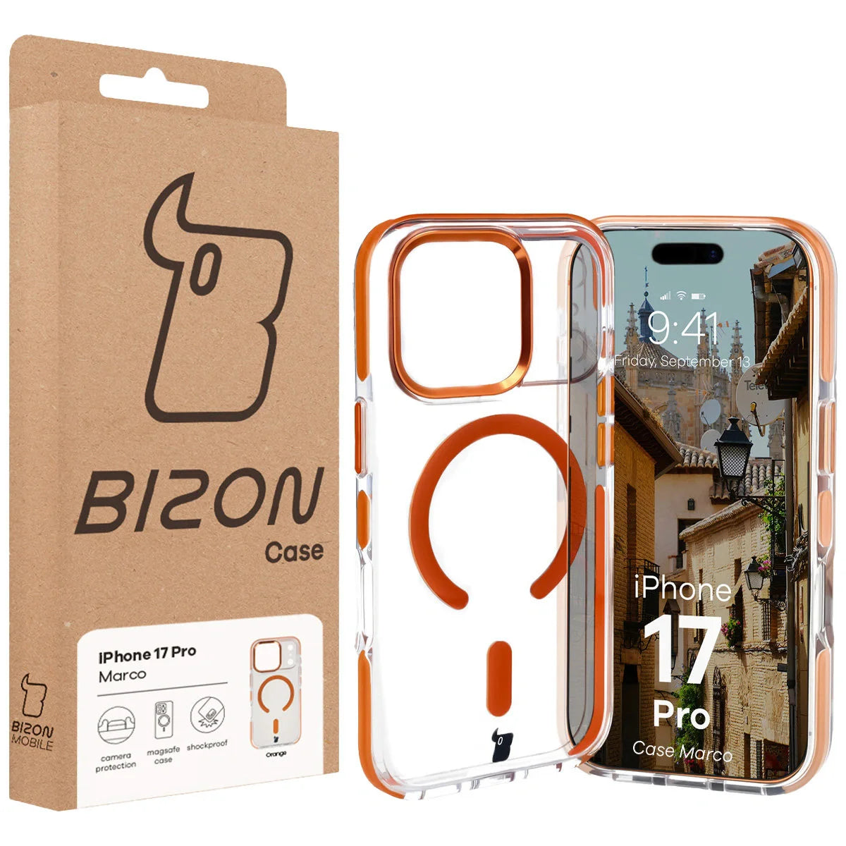 Handyhülle mit Magnetring für iPhone 17 Pro, Bizon Case Marco, Transparent mit orangem Rahmen