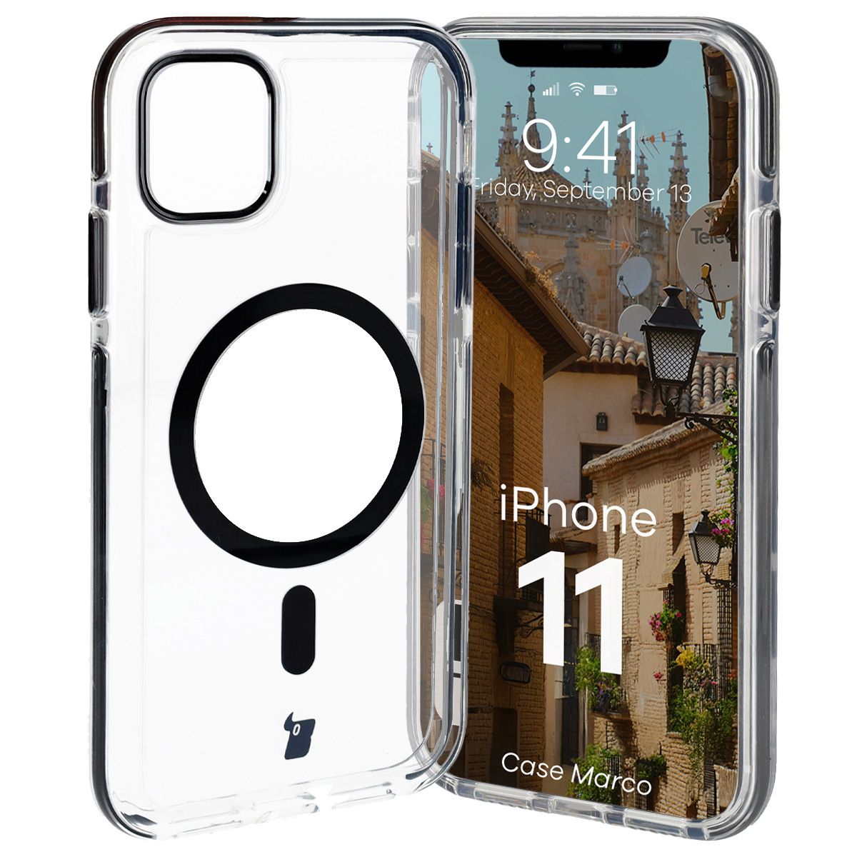 Handyhülle mit Magnetring für iPhone 11, Bizon Case Marco, Transparent mit schwarzem Rahmen