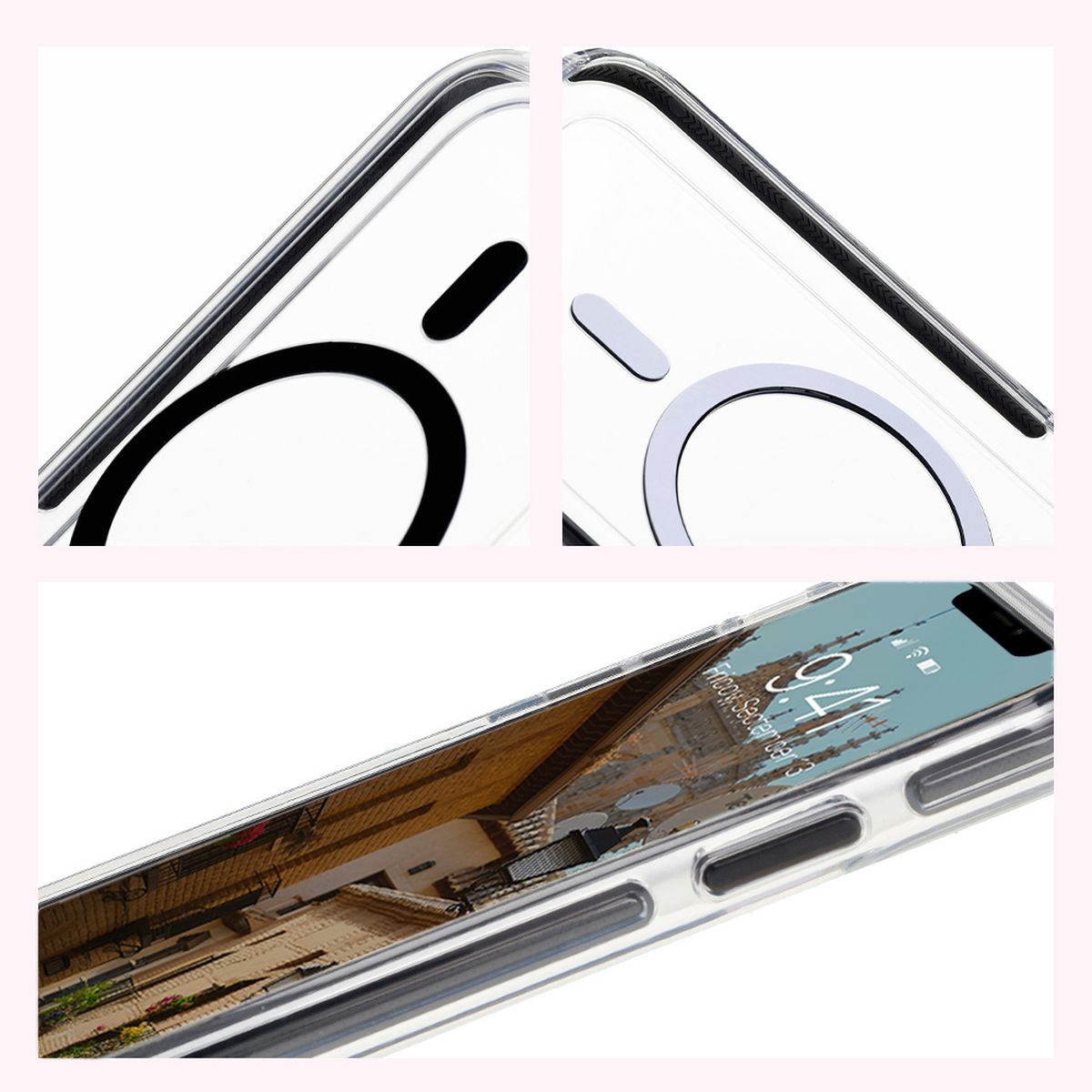 Handyhülle mit Magnetring für iPhone 11, Bizon Case Marco, Transparent mit schwarzem Rahmen