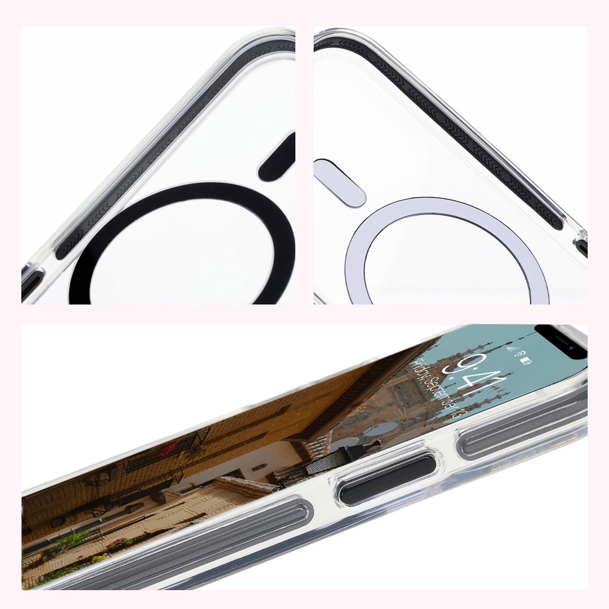 Handyhülle mit Magnetring für iPhone 12 Pro / 12, Bizon Case Marco, Transparent mit schwarzem Rahmen