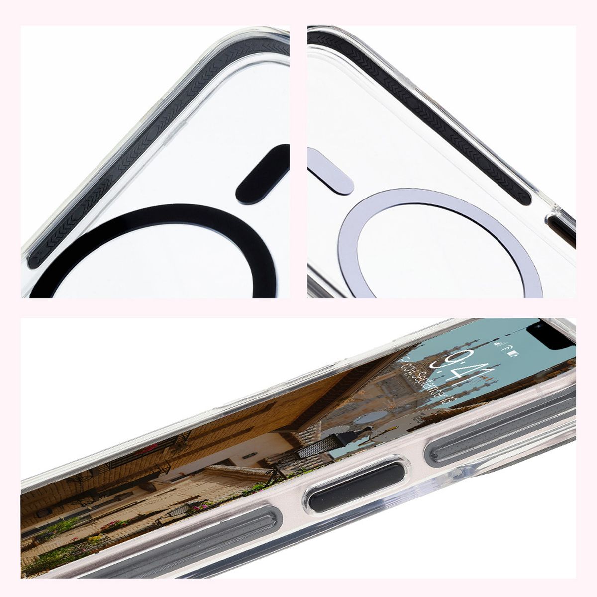 Handyhülle mit Magnetring für iPhone 14/13, Bizon Case Marco, Transparent mit schwarzem Rahmen