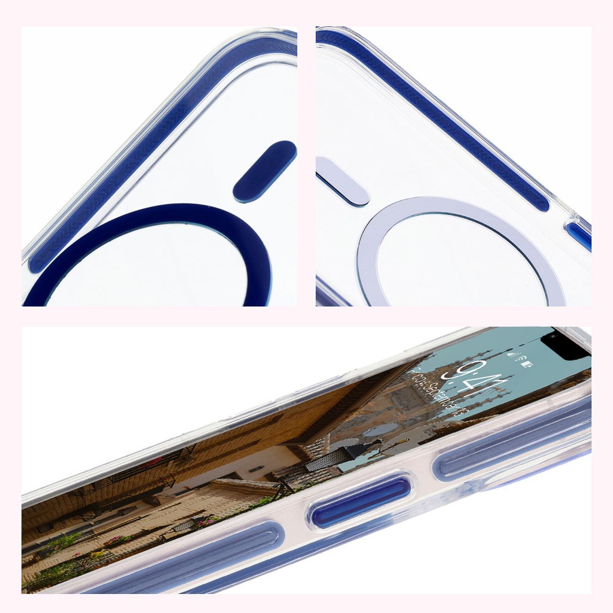 Handyhülle mit Magnetring für iPhone 14/13, Bizon Case Marco, Transparent mit blauem Rahmen