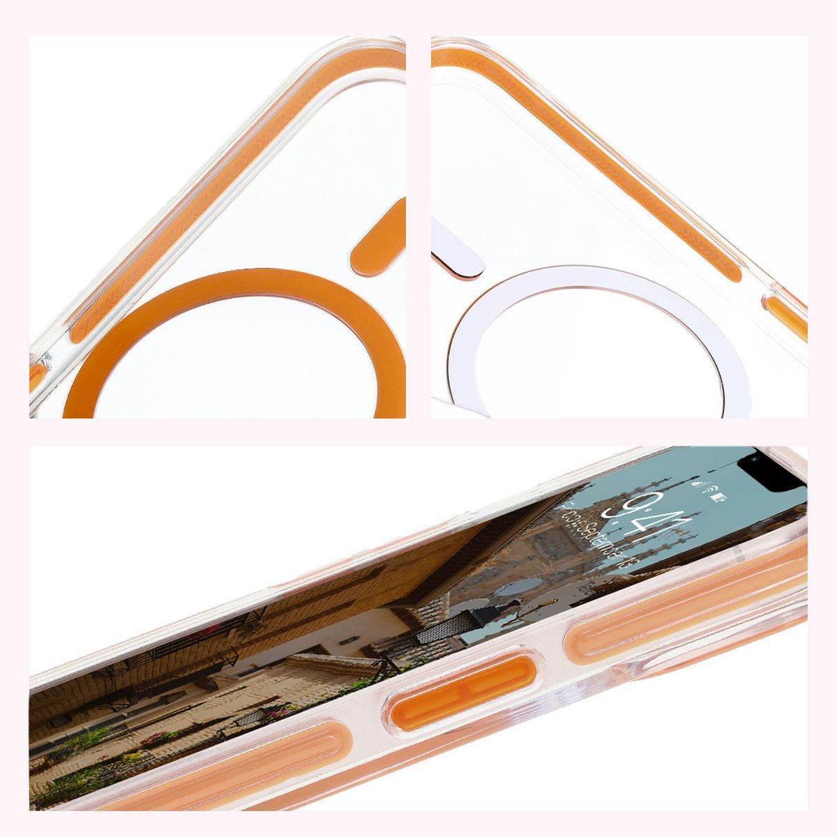 Handyhülle mit Magnetring für iPhone 14/13, Bizon Case Marco, Transparent mit orangem Rahmen