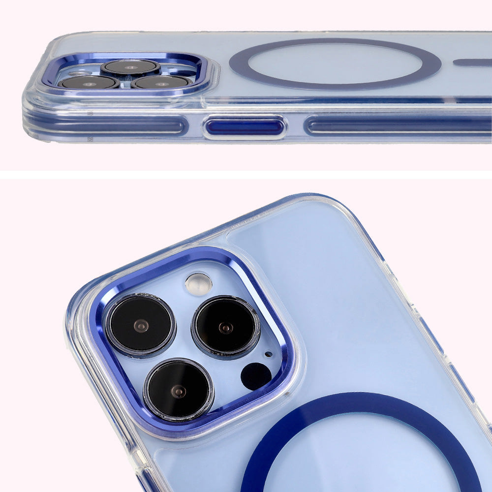 Handyhülle mit Magnetring für iPhone 13 Pro, Bizon Case Marco, Transparent mit blauem Rahmen