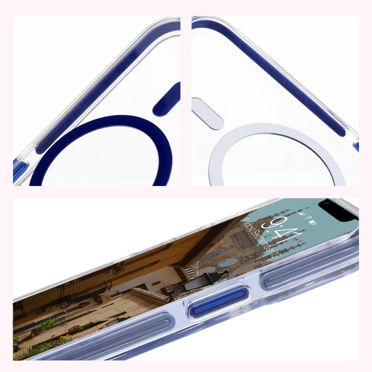 Handyhülle mit Magnetring für iPhone 13 Pro, Bizon Case Marco, Transparent mit blauem Rahmen
