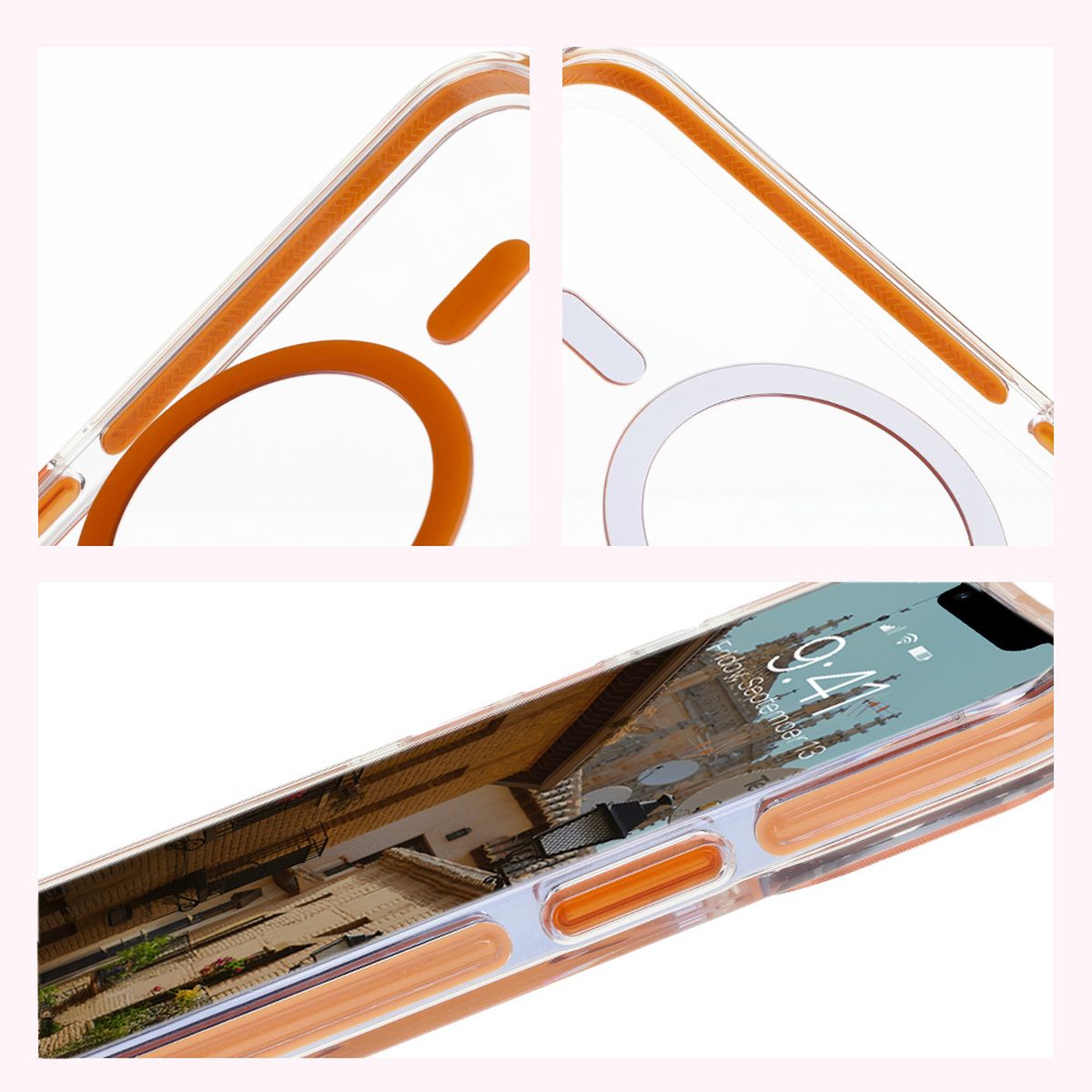 Handyhülle mit Magnetring für iPhone 13 Pro, Bizon Case Marco, Transparent mit orangem Rahmen