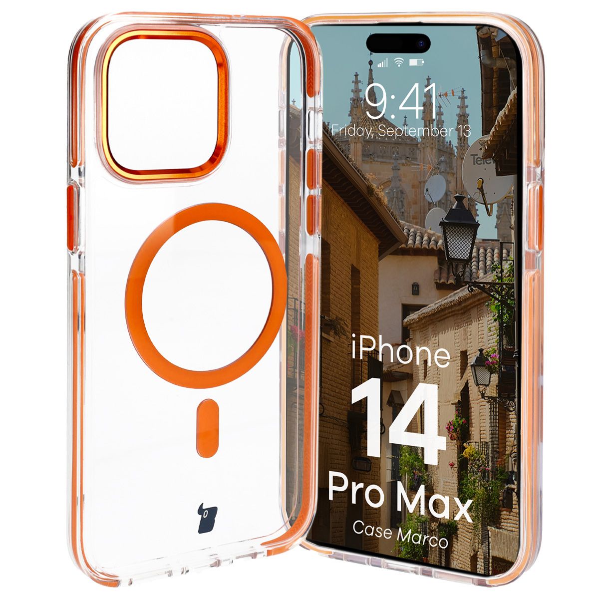 Handyhülle mit Magnetring für iPhone 14 Pro Max, Bizon Case Marco, Transparent mit orangem Rahmen