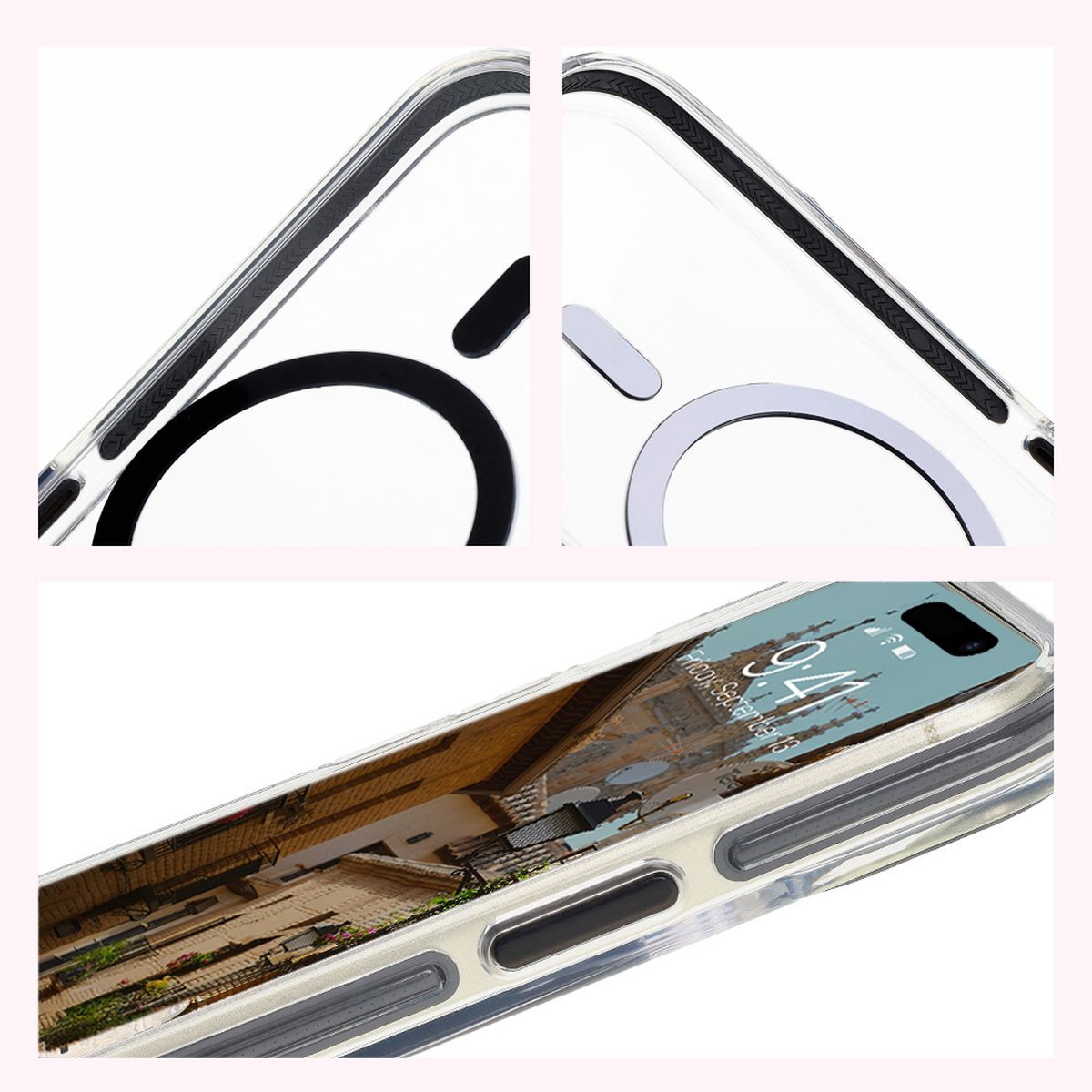 Handyhülle mit Magnetring für iPhone 15, Bizon Case Marco, Transparent mit schwarzem Rahmen