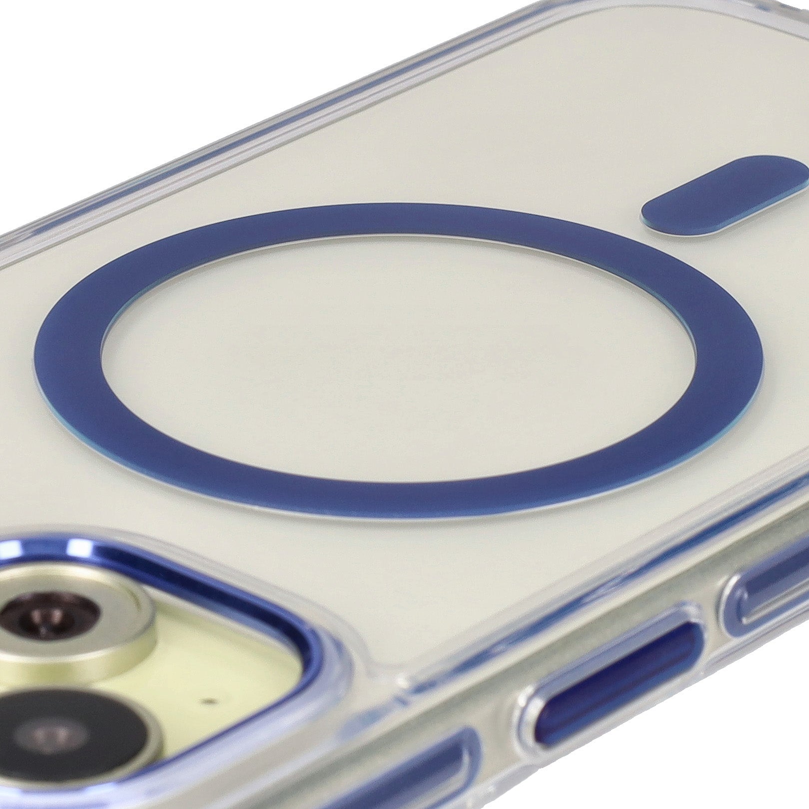 Handyhülle mit Magnetring für iPhone 15, Bizon Case Marco, Transparent mit blauem Rahmen
