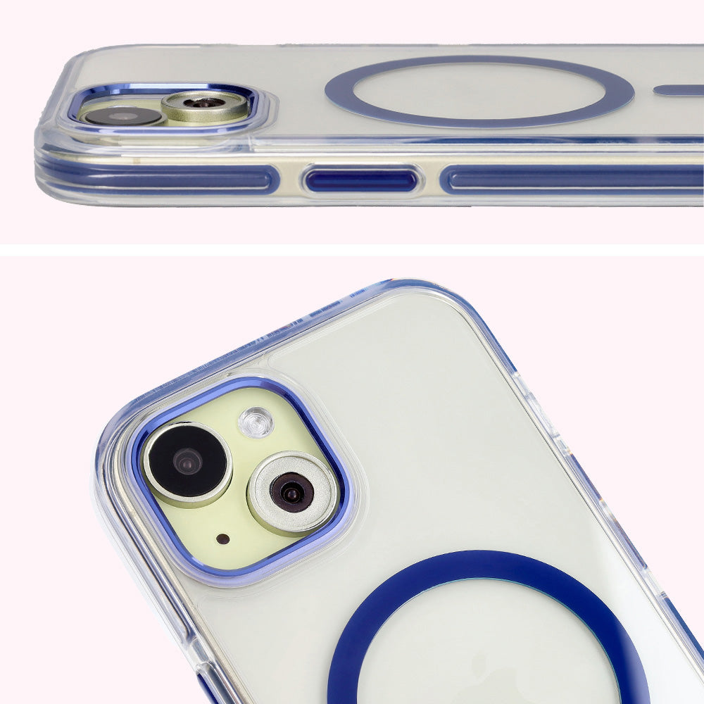 Handyhülle mit Magnetring für iPhone 15, Bizon Case Marco, Transparent mit blauem Rahmen