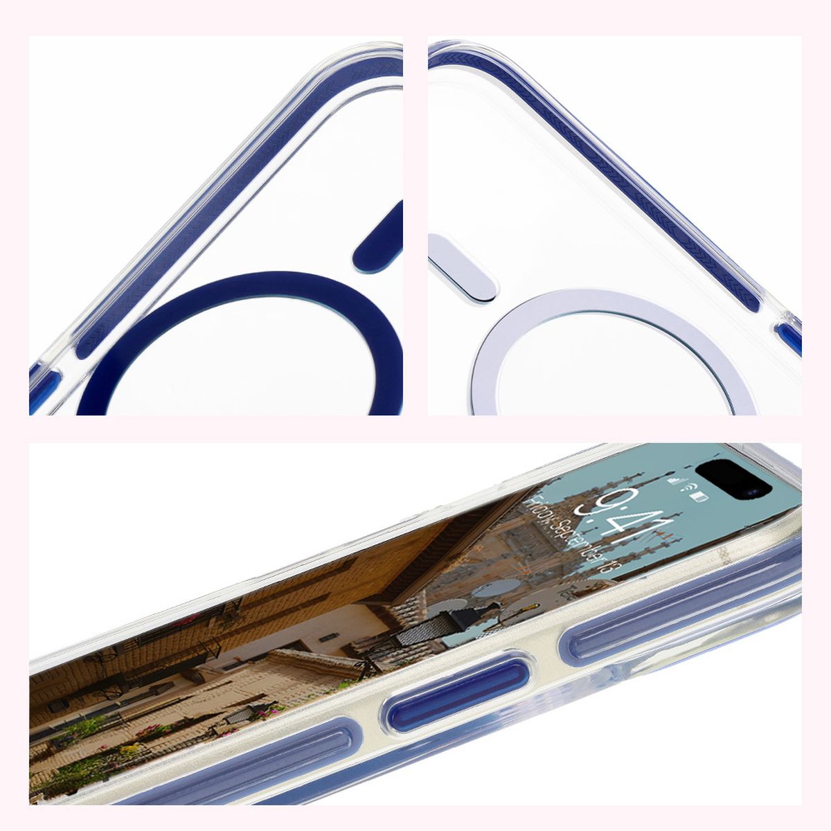 Handyhülle mit Magnetring für iPhone 15, Bizon Case Marco, Transparent mit blauem Rahmen