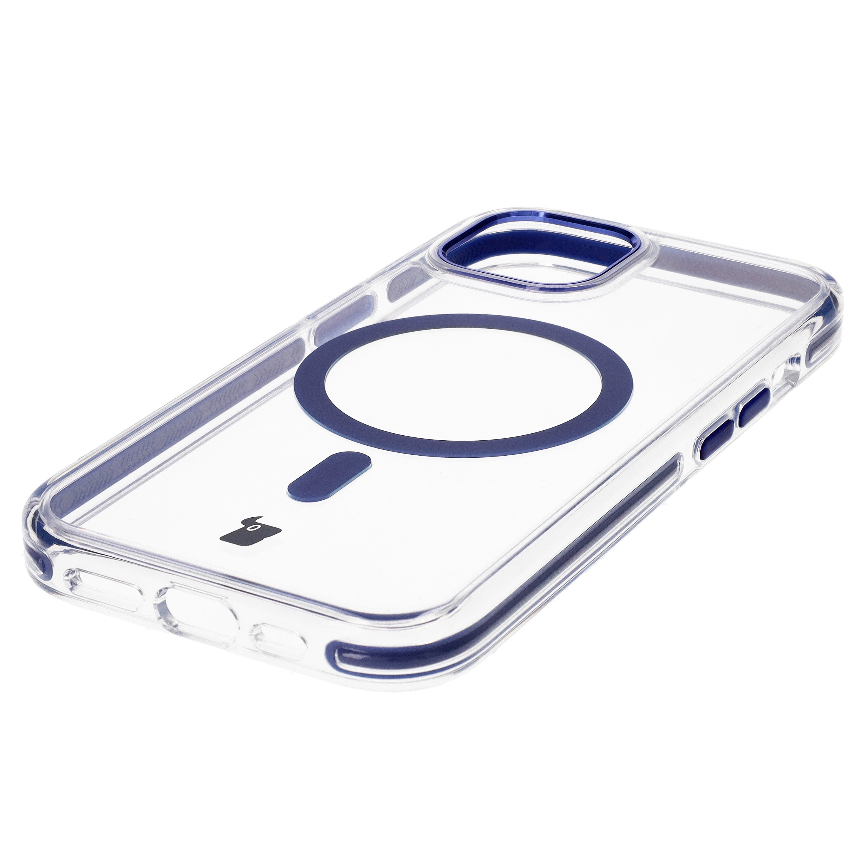 Handyhülle mit Magnetring für iPhone 15, Bizon Case Marco, Transparent mit blauem Rahmen