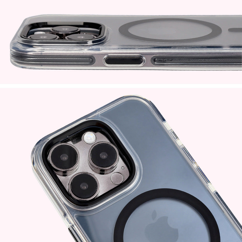 Handyhülle mit Magnetring für iPhone 15 Pro, Bizon Case Marco, Transparent mit schwarzem Rahmen