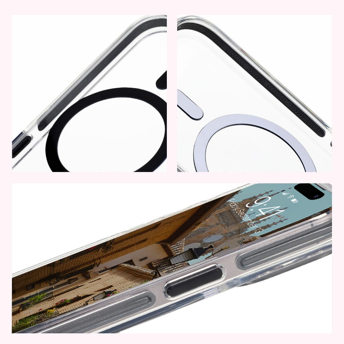 Handyhülle mit Magnetring für iPhone 15 Pro, Bizon Case Marco, Transparent mit schwarzem Rahmen