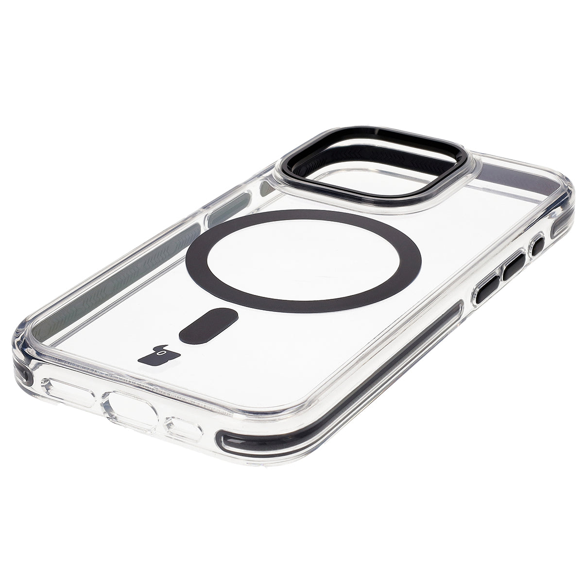 Handyhülle mit Magnetring für iPhone 15 Pro, Bizon Case Marco, Transparent mit schwarzem Rahmen