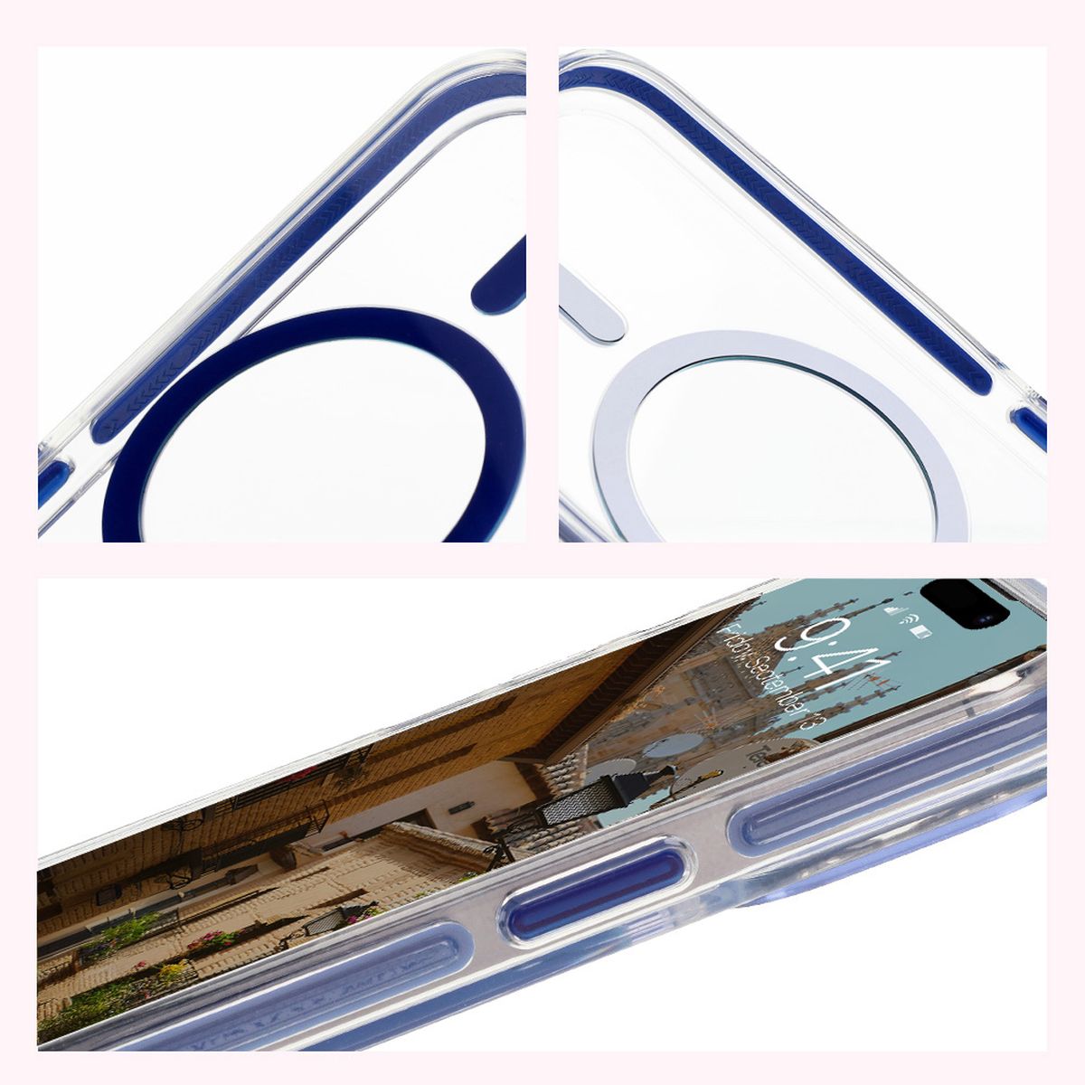 Handyhülle mit Magnetring für iPhone 15 Pro, Bizon Case Marco, Transparent mit blauem Rahmen