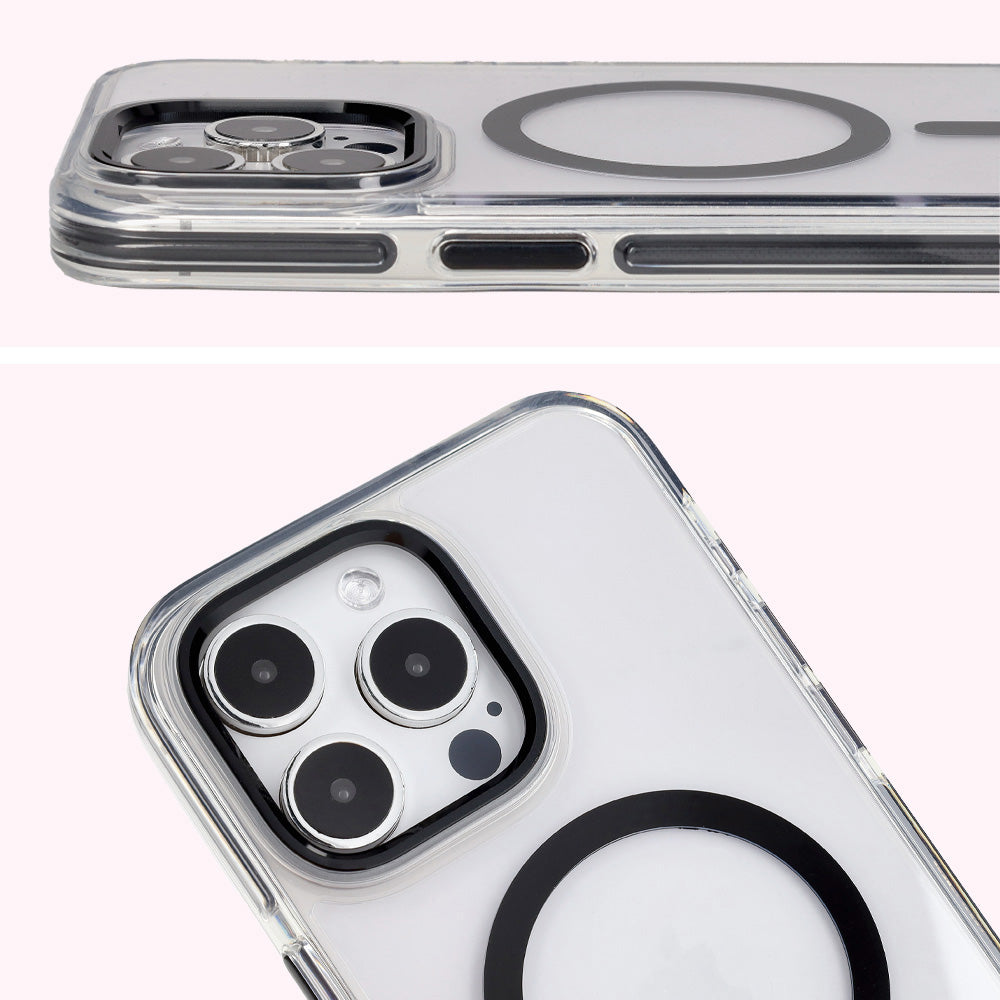 Handyhülle mit Magnetring für iPhone 15 Pro Max, Bizon Case Marco, Transparent mit schwarzem Rahmen
