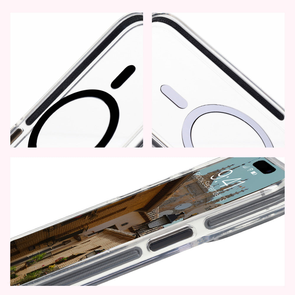 Handyhülle mit Magnetring für iPhone 15 Pro Max, Bizon Case Marco, Transparent mit schwarzem Rahmen