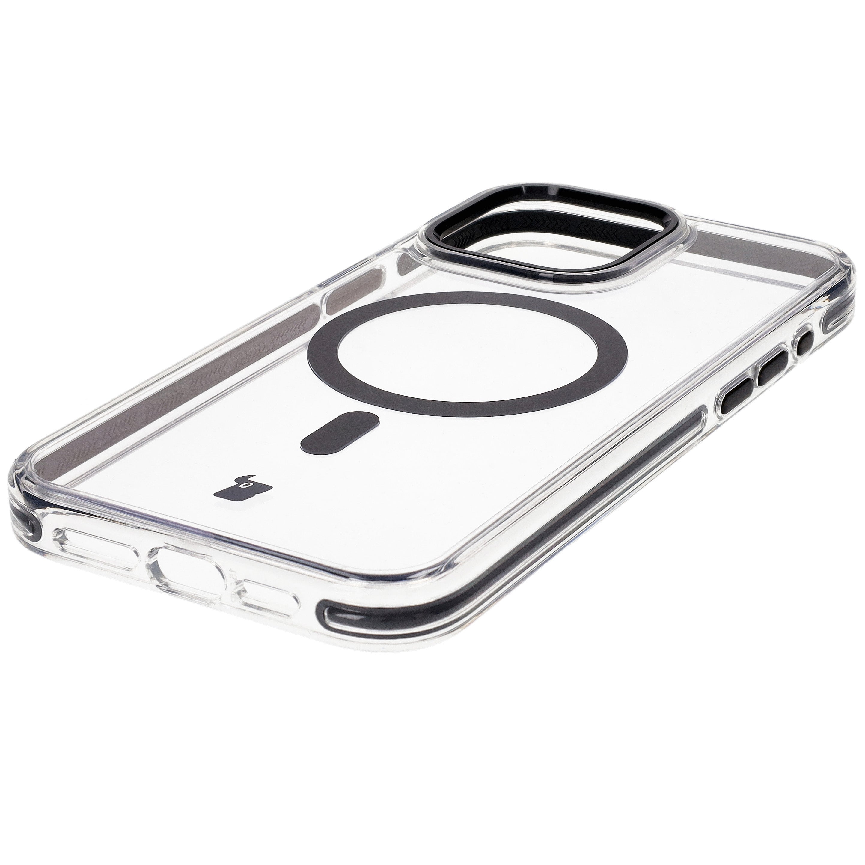 Handyhülle mit Magnetring für iPhone 15 Pro Max, Bizon Case Marco, Transparent mit schwarzem Rahmen