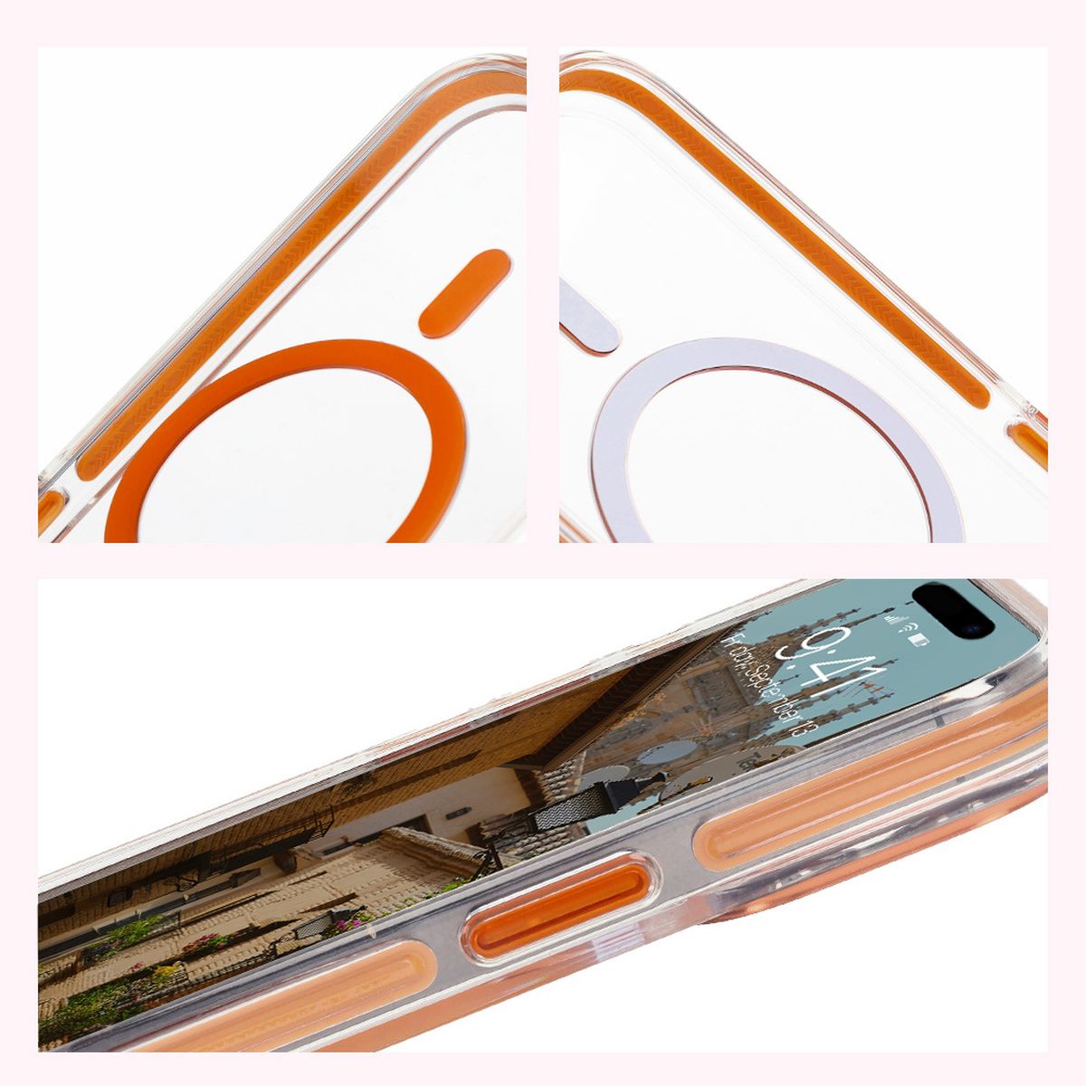 Handyhülle mit Magnetring für iPhone 15 Pro, Bizon Case Marco, Transparent mit orangem Rahmen