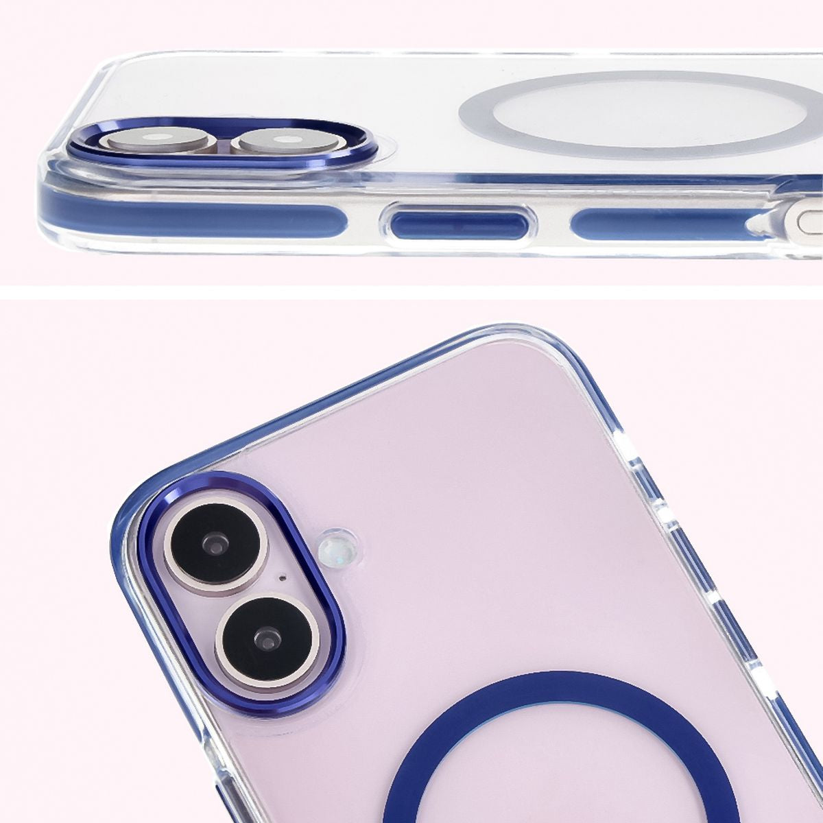 Handyhülle mit Magnetring für iPhone 16, Bizon Case Marco, Transparent mit blauem Rahmen