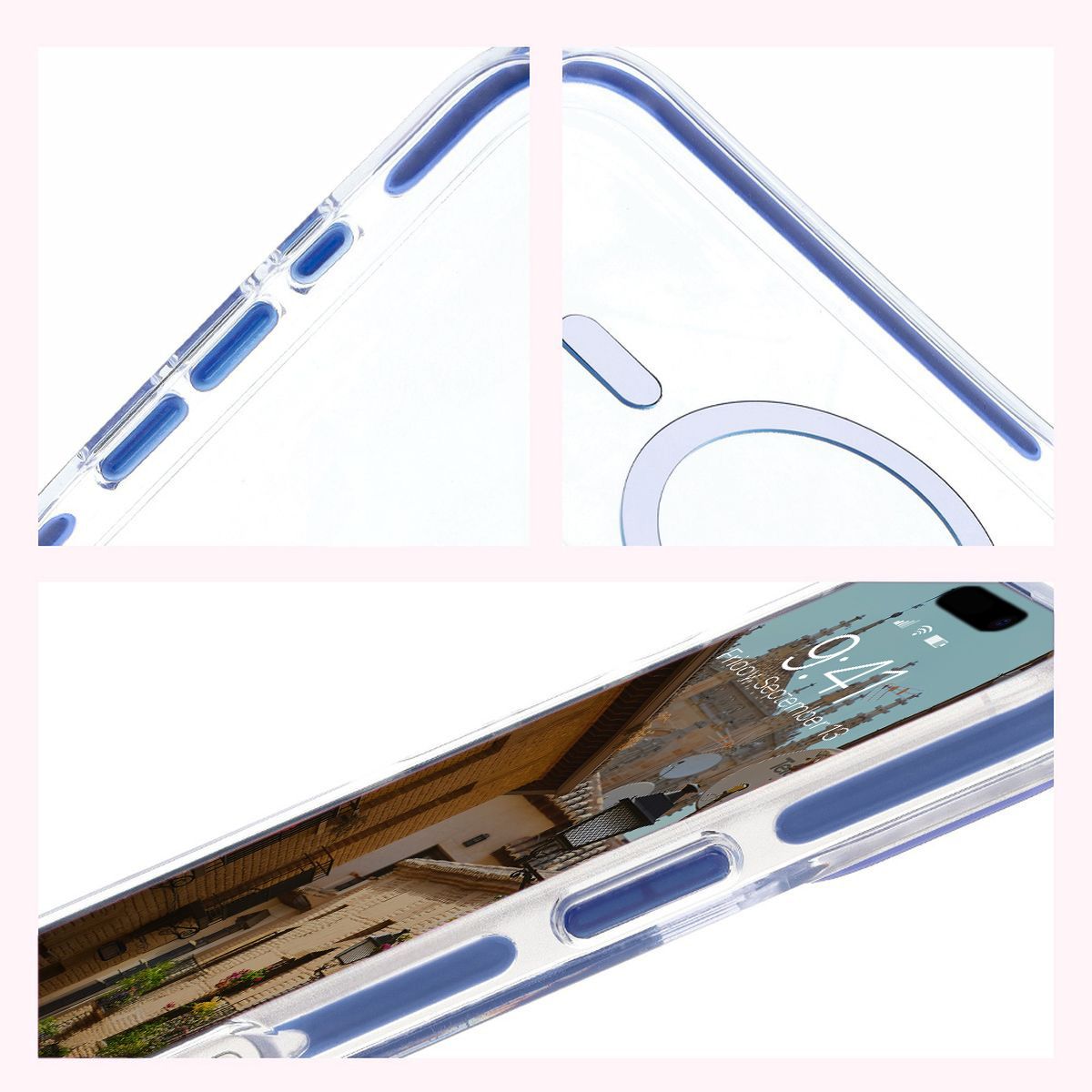 Handyhülle mit Magnetring für iPhone 16, Bizon Case Marco, Transparent mit blauem Rahmen