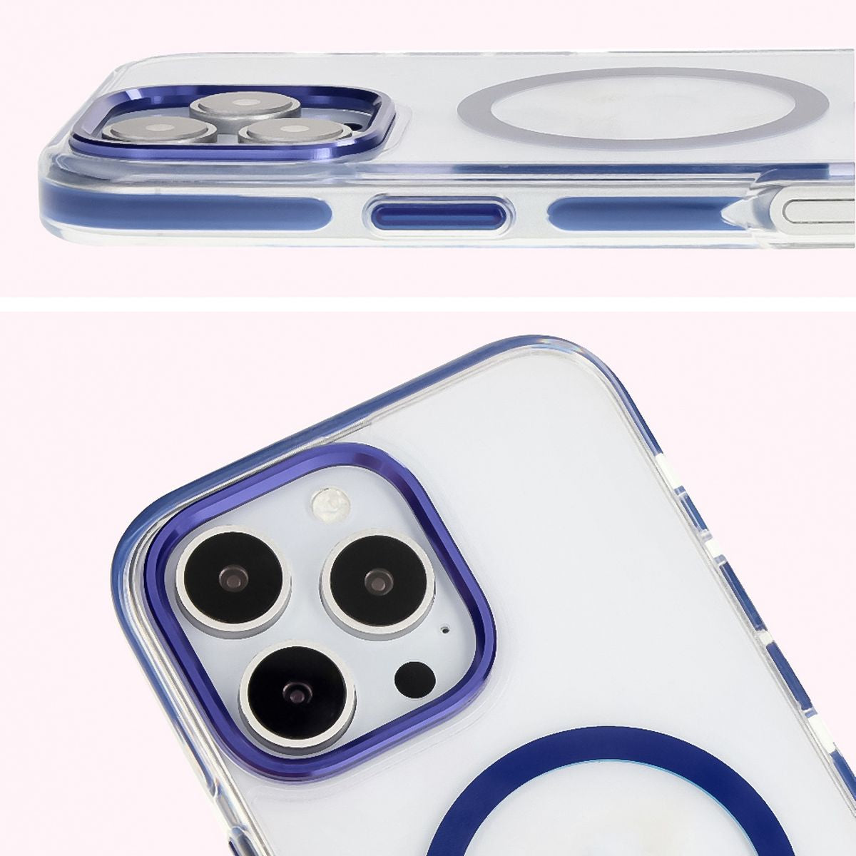 Handyhülle mit Magnetring für iPhone 16 Pro, Bizon Case Marco, Transparent mit blauem Rahmen