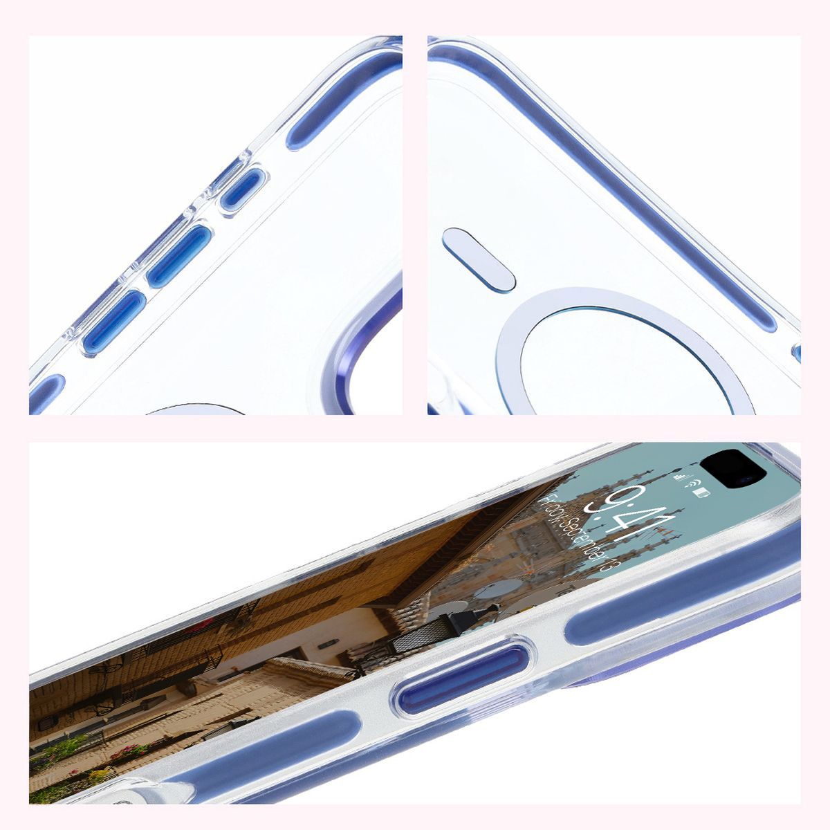 Handyhülle mit Magnetring für iPhone 16 Pro, Bizon Case Marco, Transparent mit blauem Rahmen