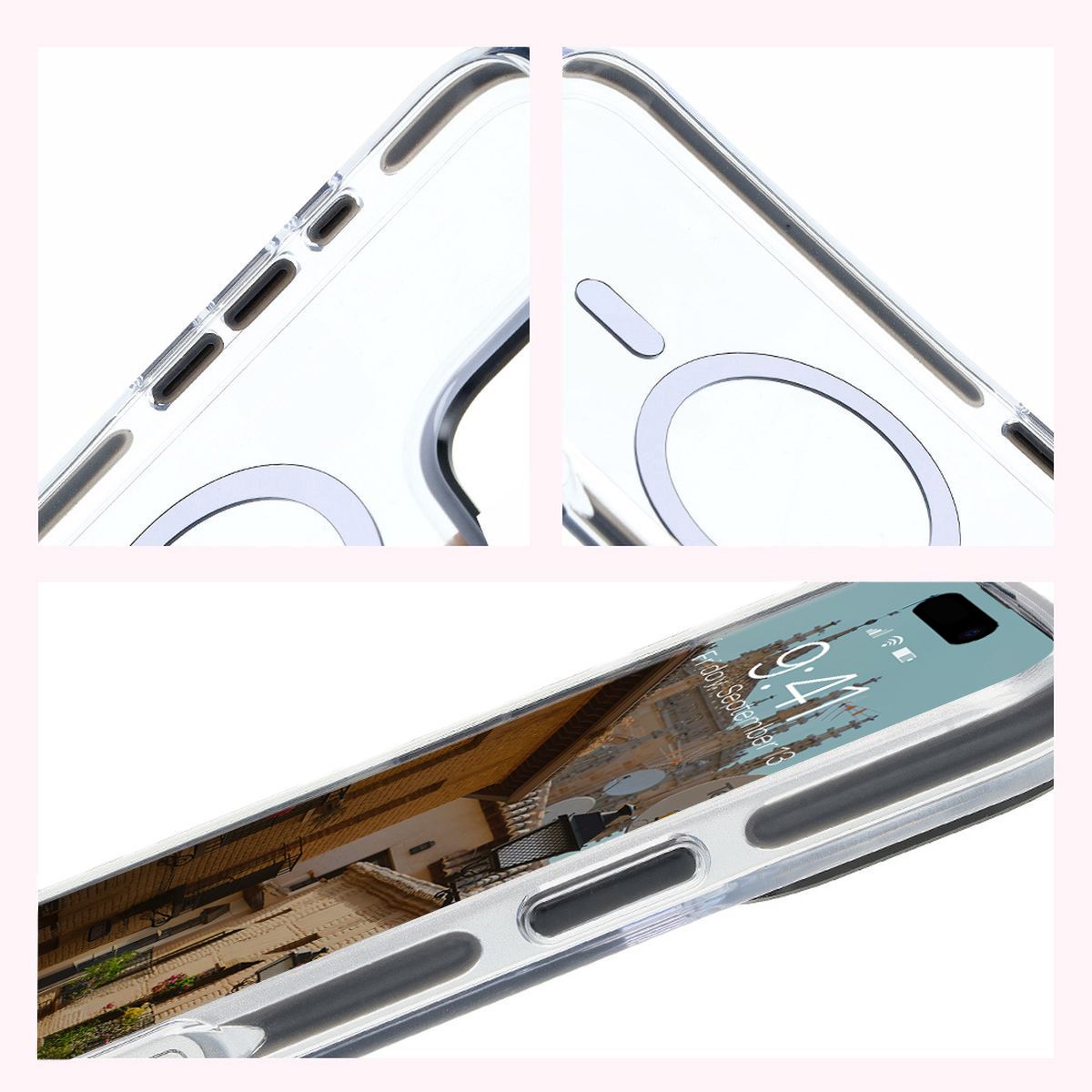 Handyhülle mit Magnetring für iPhone 16 Pro Max, Bizon Case Marco, Transparent mit schwarzem Rahmen