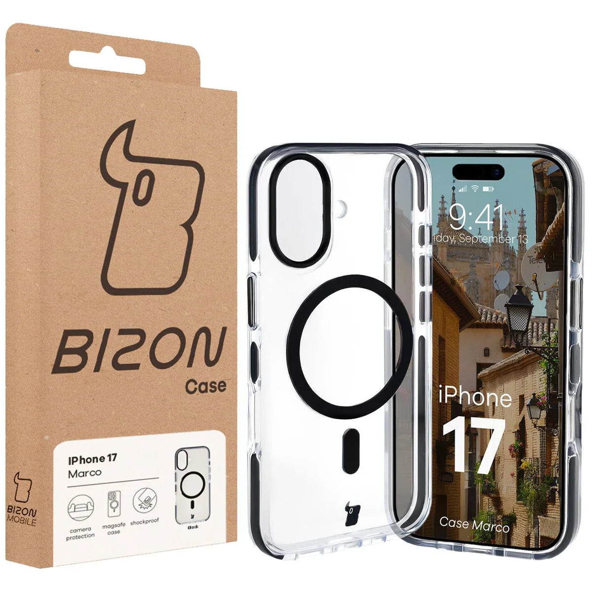 Handyhülle mit Magnetring für iPhone 17, Bizon Case Marco, Transparent mit schwarzem Rahmen