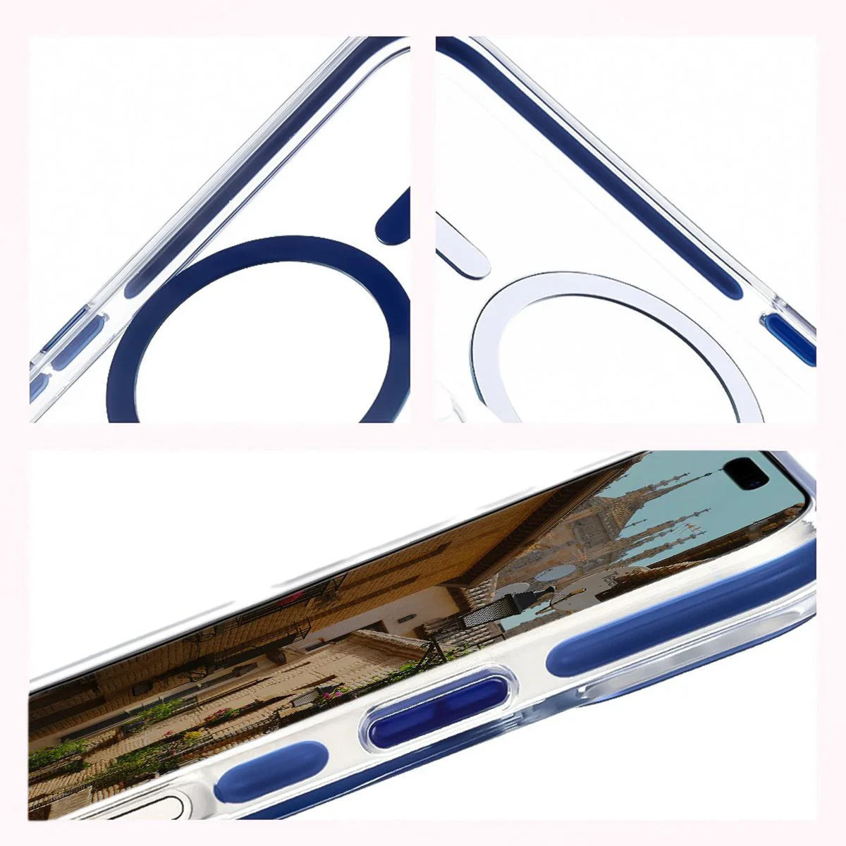 Handyhülle mit Magnetring für iPhone 17, Bizon Case Marco, Transparent mit blauem Rahmen