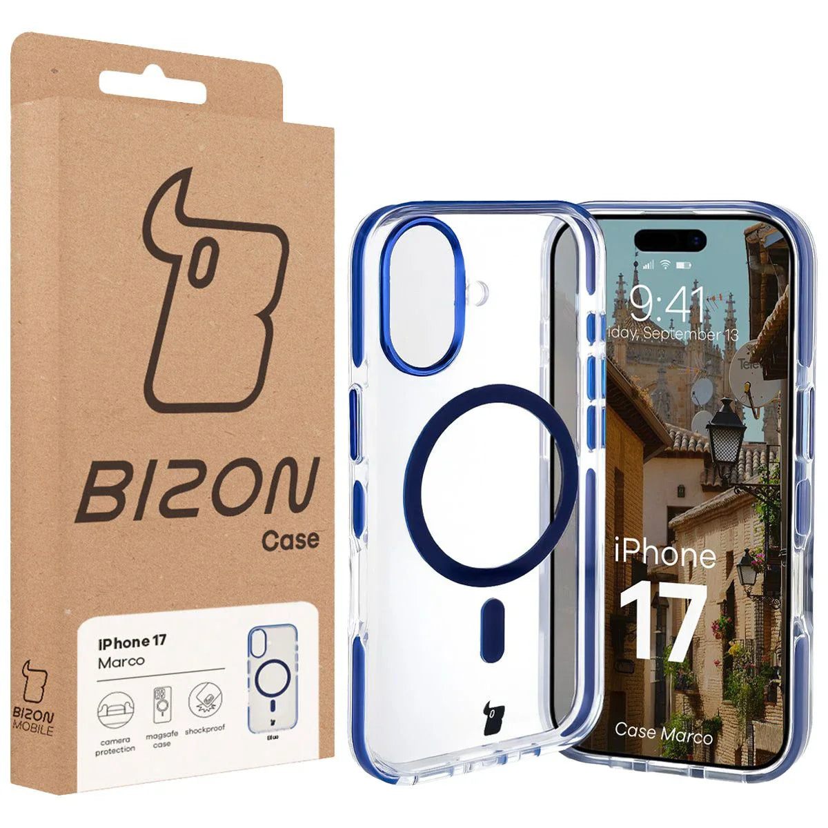 Handyhülle mit Magnetring für iPhone 17, Bizon Case Marco, Transparent mit blauem Rahmen
