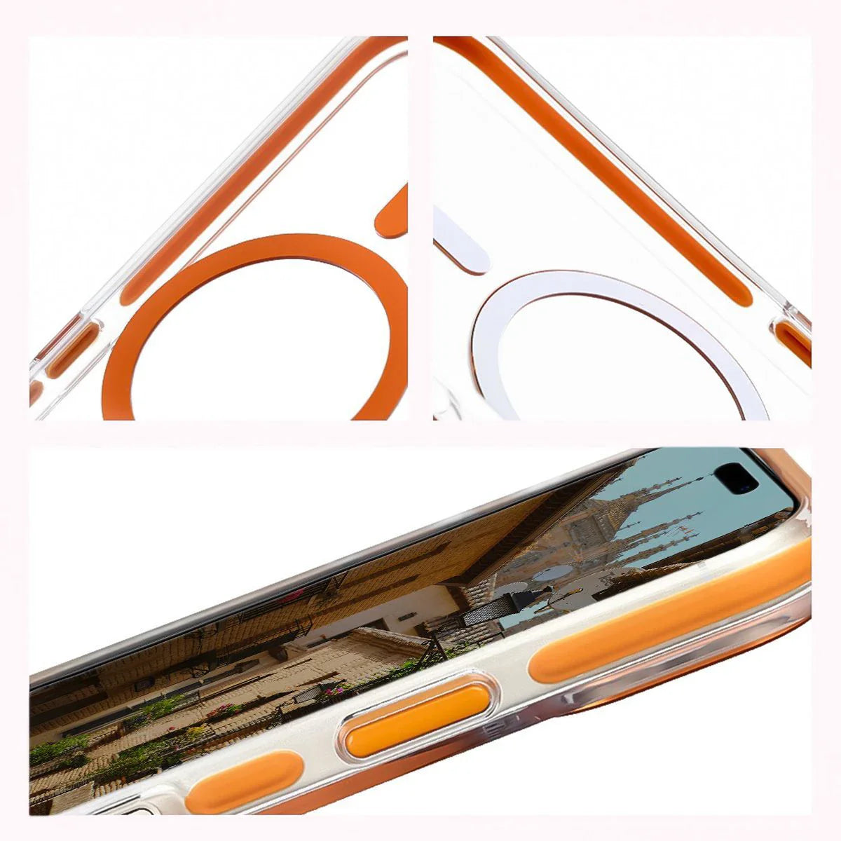 Handyhülle mit Magnetring für iPhone 17, Bizon Case Marco, Transparent mit orangem Rahmen