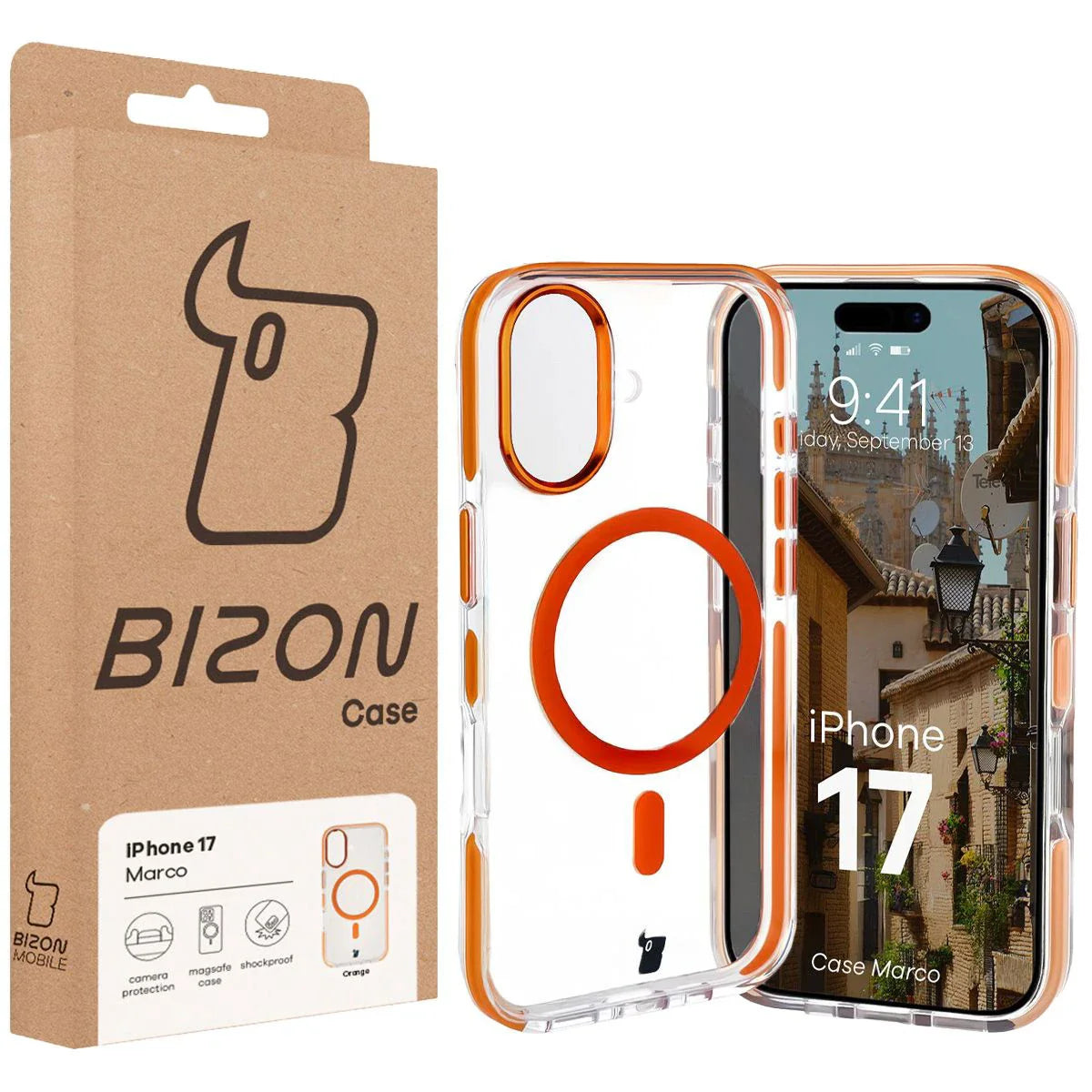 Handyhülle mit Magnetring für iPhone 17, Bizon Case Marco, Transparent mit orangem Rahmen