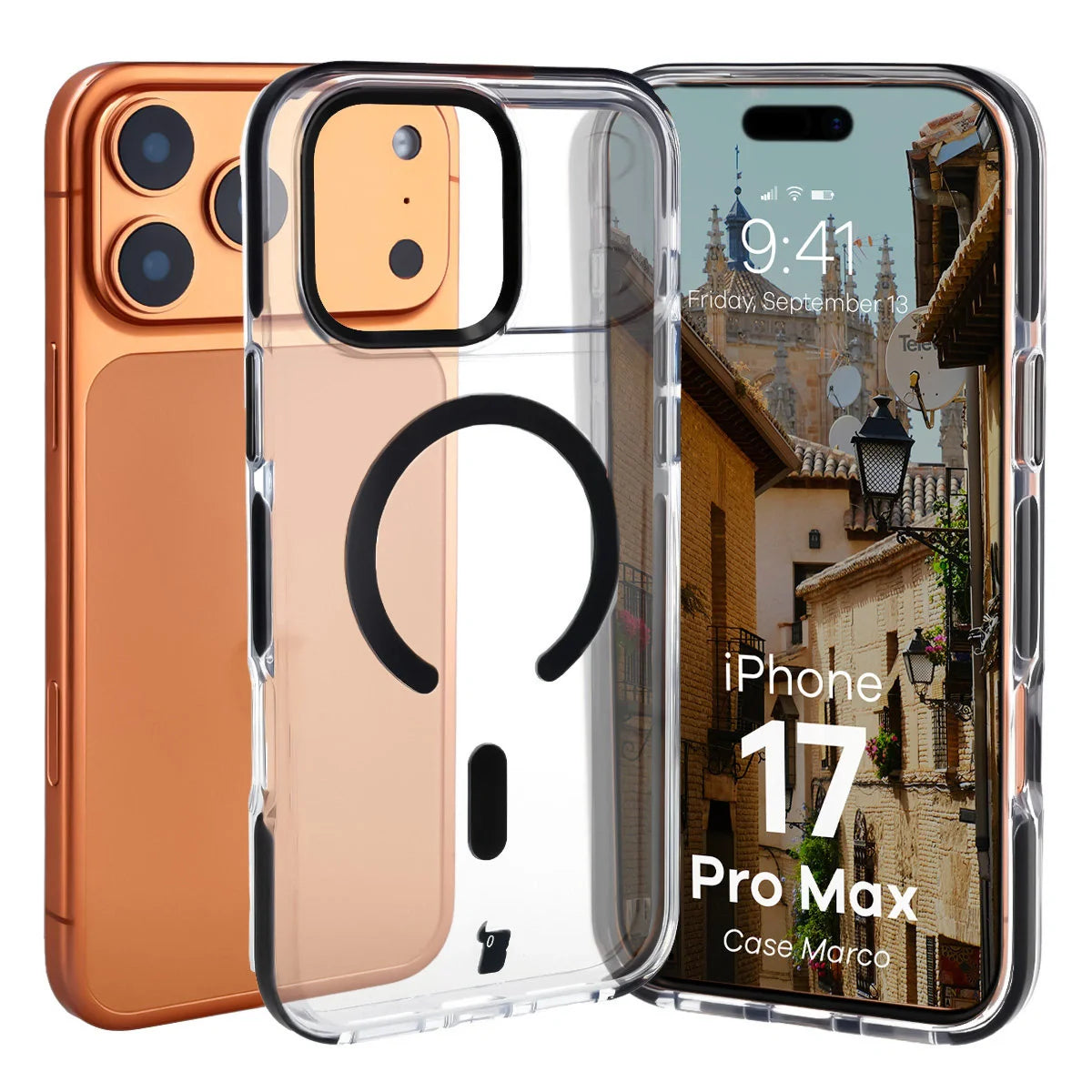 Handyhülle mit Magnetring für iPhone 17 Pro Max, Bizon Case Marco, Transparent mit schwarzem Rahmen