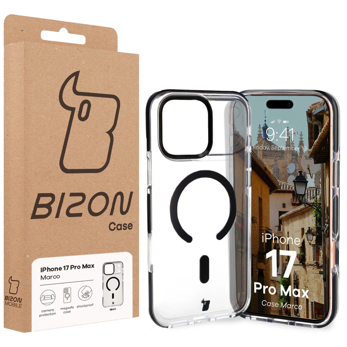 Handyhülle mit Magnetring für iPhone 17 Pro Max, Bizon Case Marco, Transparent mit schwarzem Rahmen