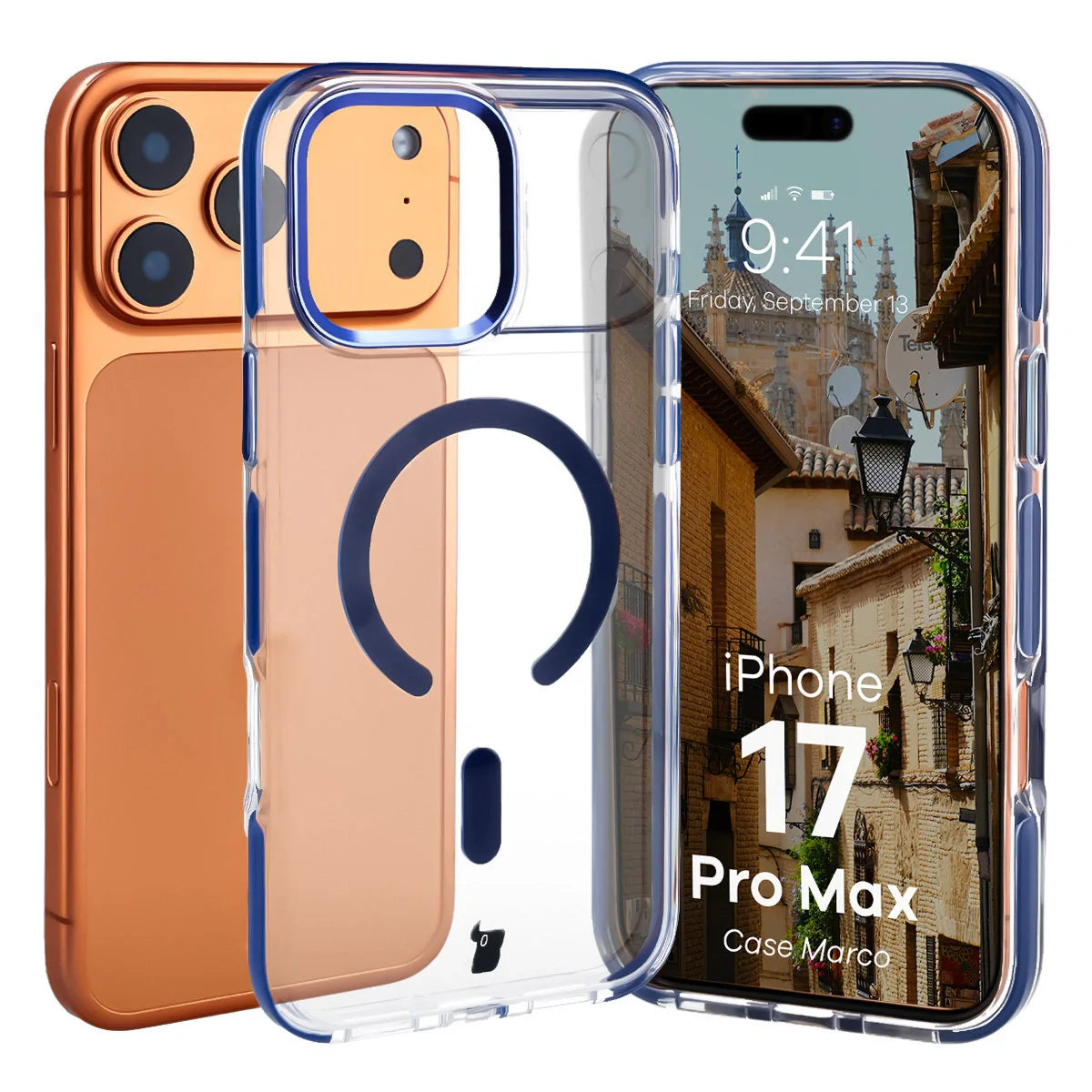 Handyhülle mit Magnetring für iPhone 17 Pro Max, Bizon Case Marco, Transparent mit blauem Rahmen